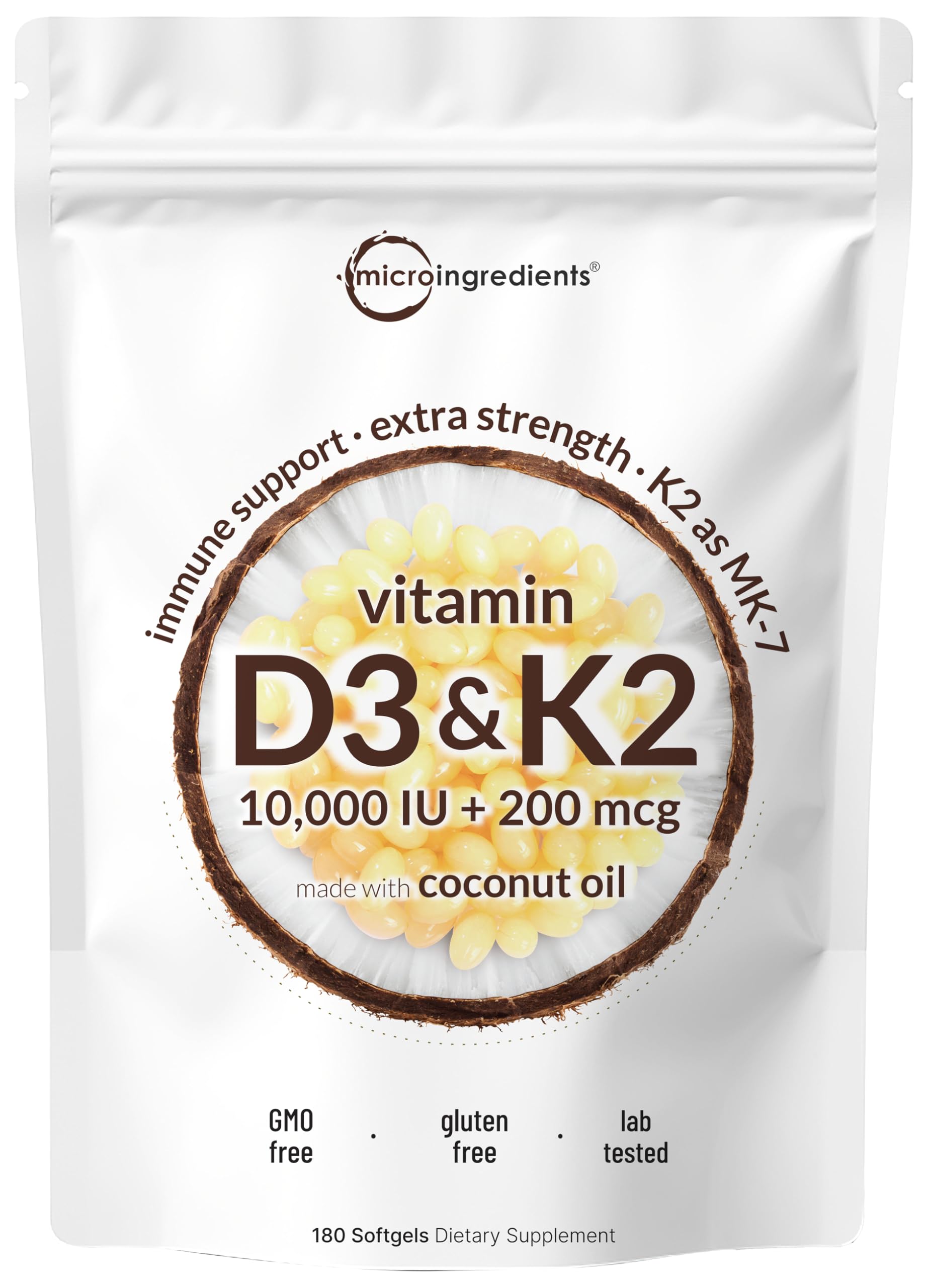 Micro Ingredients Vitamin D3 10,000 IU + K2 MK-7 200 mcg, 180 Softgels with Virgin Coconut Oil | 2-in-1 Vitamins D & K Complex Micro Ingredients buy supplements canada