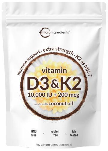 Micro Ingredients Vitamin D3 10,000 IU + K2 MK-7 200 mcg, 180 Softgels with Virgin Coconut Oil | 2-in-1 Vitamins D & K Complex Micro Ingredients buy supplements canada