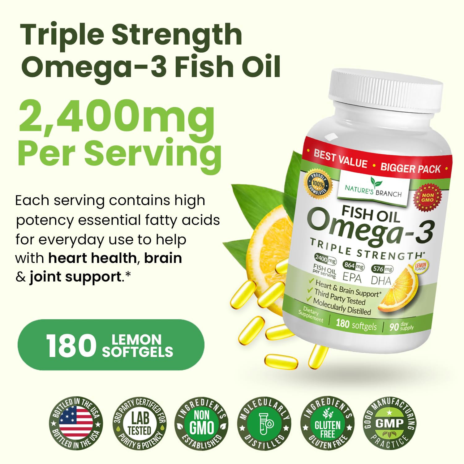 Triple Strength Omega 3 Fish Oil Supplements 2400mg | 180 Capsules, Burpless High Potency Lemon Flavor, High EPA DHA for Men & Women Ultra Pure Softgels NATURE'S BRANCH buy supplements canada