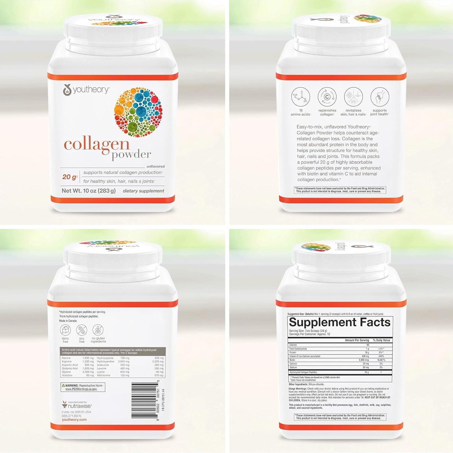 Youtheory Collagen Powder - Hydrolyzed Collagen Peptides with Vitamin C - Supports Healthy Bones, Joints & Immune System* - Unflavored - 10 oz (10-Day Supply) Youtheory buy supplements canada