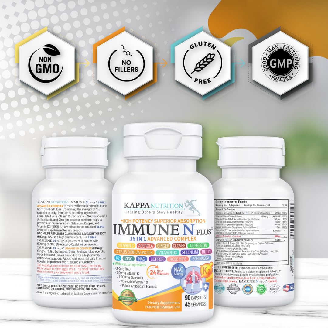 (60 Capsules), NAC 600mg, Quercetin 1,000mg, Vitamin C 500mg, Zinc 50mg, Vitamin D3 5,000iu, Selenium, Copper, Acerola, Ginger, Rutin, Citrus Bioflavonoids, Rose Hips, Echinacea, Immune N Plus 15 in 1 KAPPA NUTRITION buy supplements canada