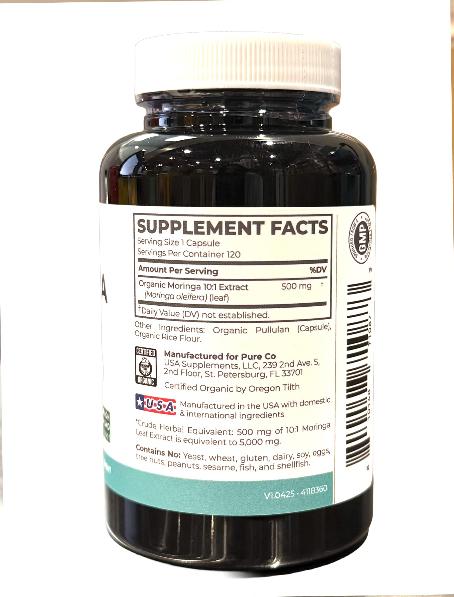 USDA Organic Moringa Capsules - High Potency Organic Moringa 500mg Extract 10:1 Per 1 Capsule Serving - Nutrient Dense Green Superfood Antioxidant PURE CO buy supplements canada