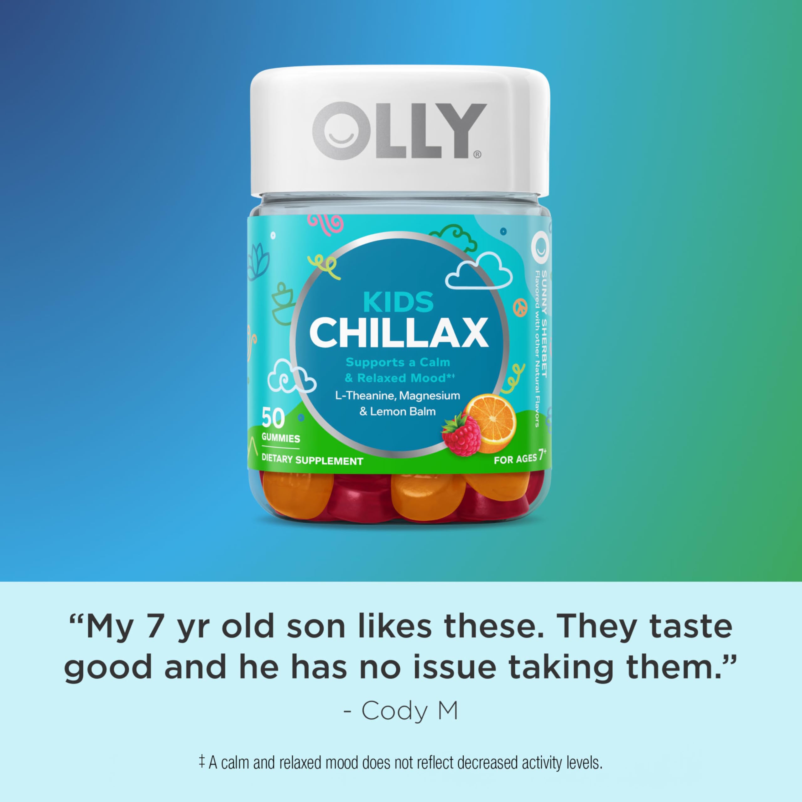 OLLY Kids Chillax Gummy, For a Calm and Relaxed Mood*, Magnesium, L-Theanine, Lemon Balm Extract, Chewable Supplement, Sherbet Flavored, 25 Day Supply - 50 Count OLLY buy supplements canada