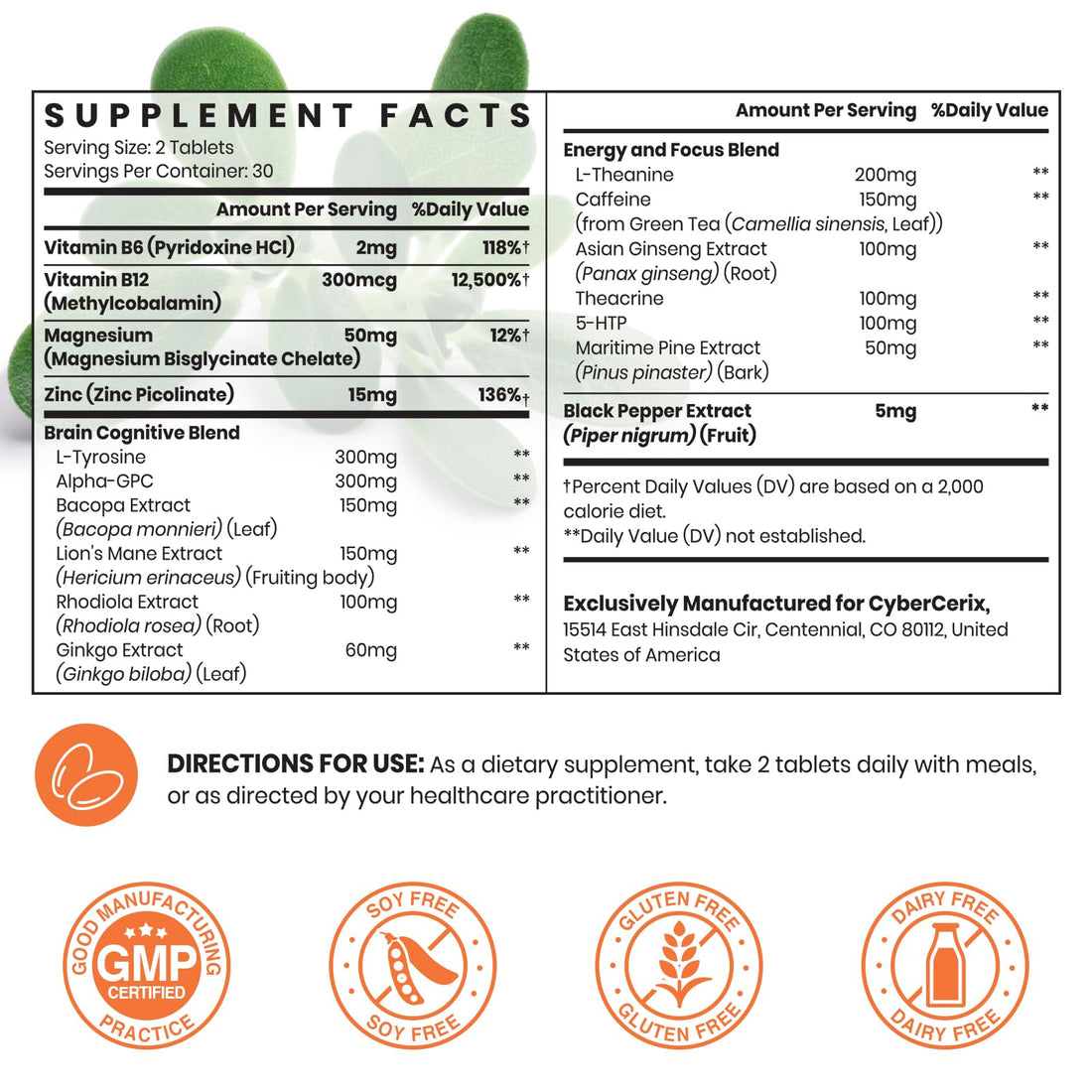 17-in-1  Supplement for Memory and Focus - Supplement for Concentration, Clarity, Energy & Focus - Natural Caffeine Blend with Vitamins, Amino Acids & Herbal Extracts - 60 Tablets CyberCerix buy supplements canada