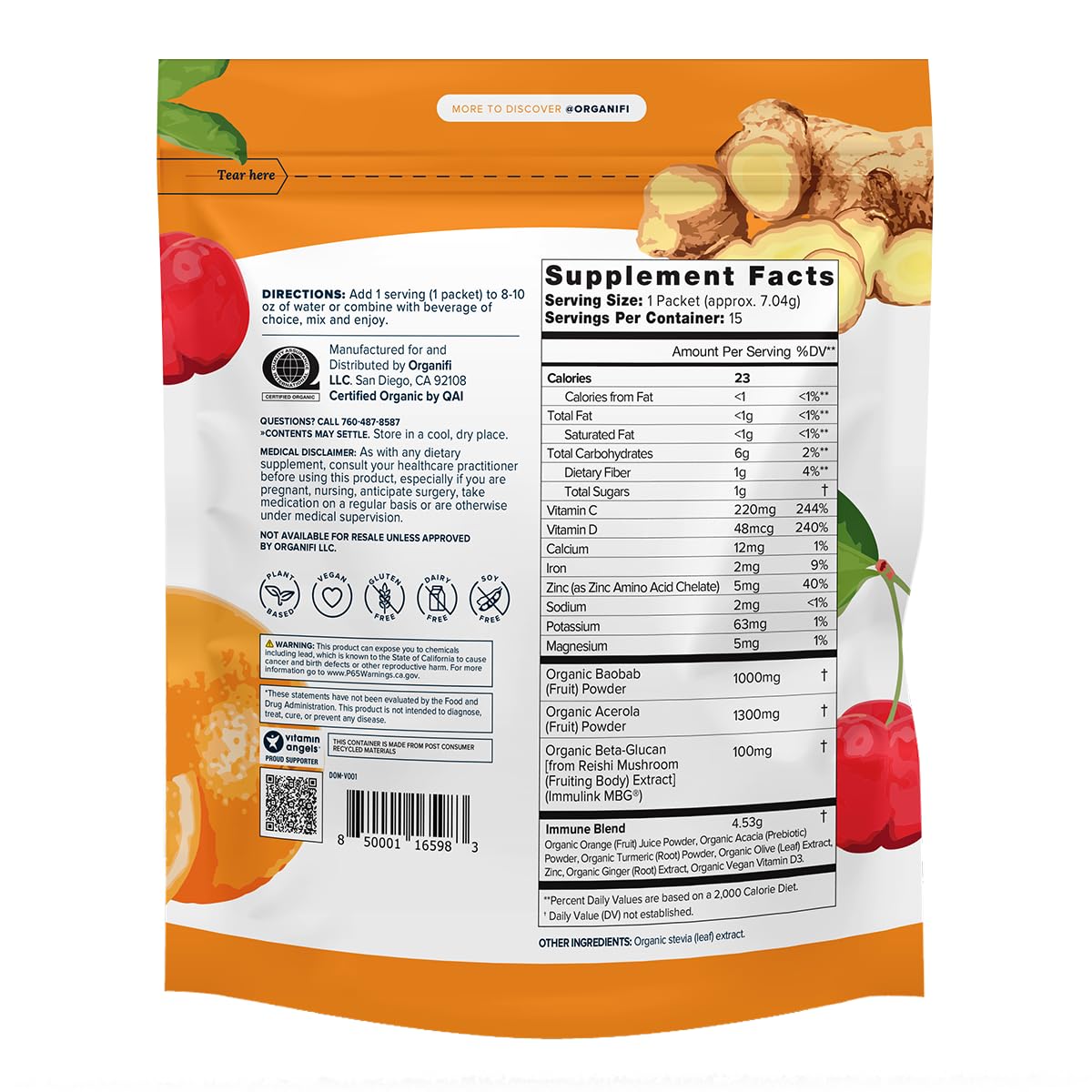Organifi Immunity - Organic Superfood Immunity Support - 15 Single Serve Packets - Immunity Powder for T Cell Production and Upper Respiratory Health - Mushroom Beta Glucans, Vitamin C, D and Zinc Organifi buy supplements canada