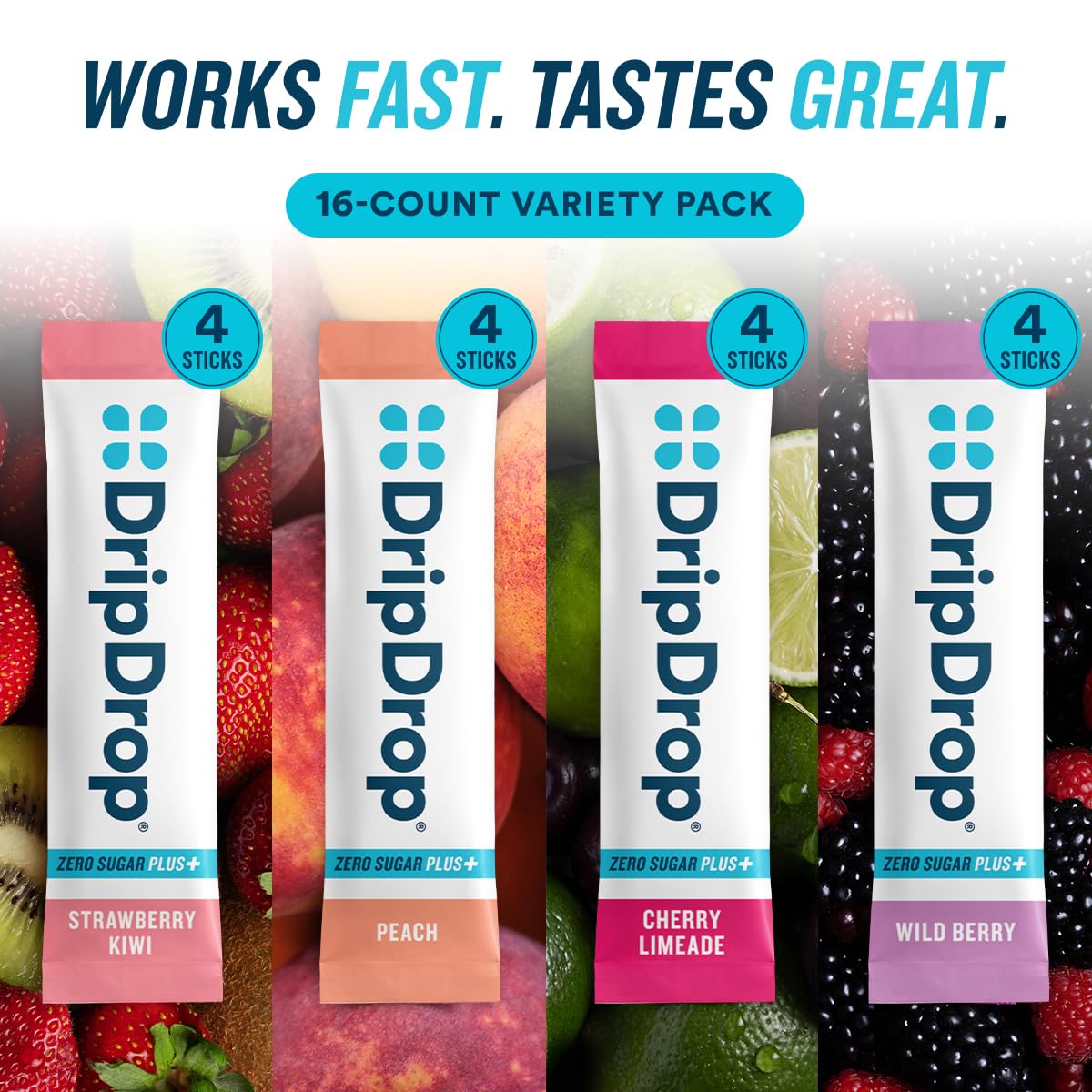 DripDrop Zero Sugar Plus - Sugar Free Hydration Packets - Single Serve Electrolytes Powder Drink Mix - Strawberry Kiwi, Peach, Cherry Limeade, Wild Berry DripDrop buy supplements canada