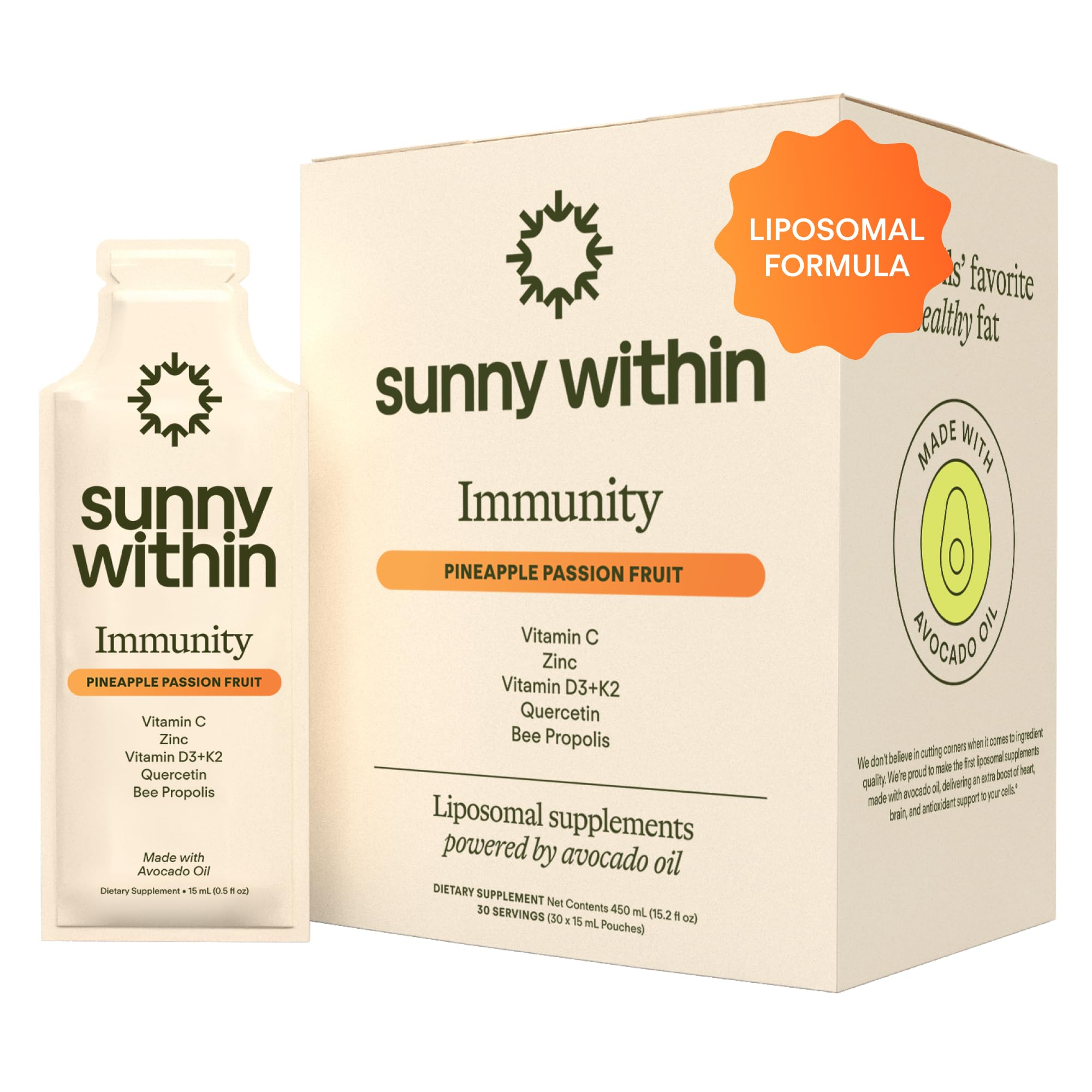 Sunny Within Immunity - 6-in-1 Liposomal Vitamin C Packets, Zinc, D3 + K2, Quercetin, Bee Propolis & Avocado Oil - Antioxidant Liquid Supplement for Immunity, Skin & Bone* - 30 Pouches Sunny Within buy supplements canada