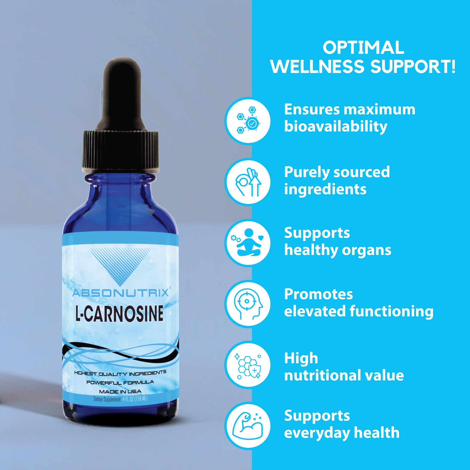 Absonutrix L-Carnosine - 583 mg 4 Oz Bottle, 200 Highly Potent Servings, Easy-to-Consume Drops, High Bioavailability, Third-Party Tested, GMP-Certified, Non-GMO, Cruelty-Free Products, Made in USA Absonutrix buy supplements canada