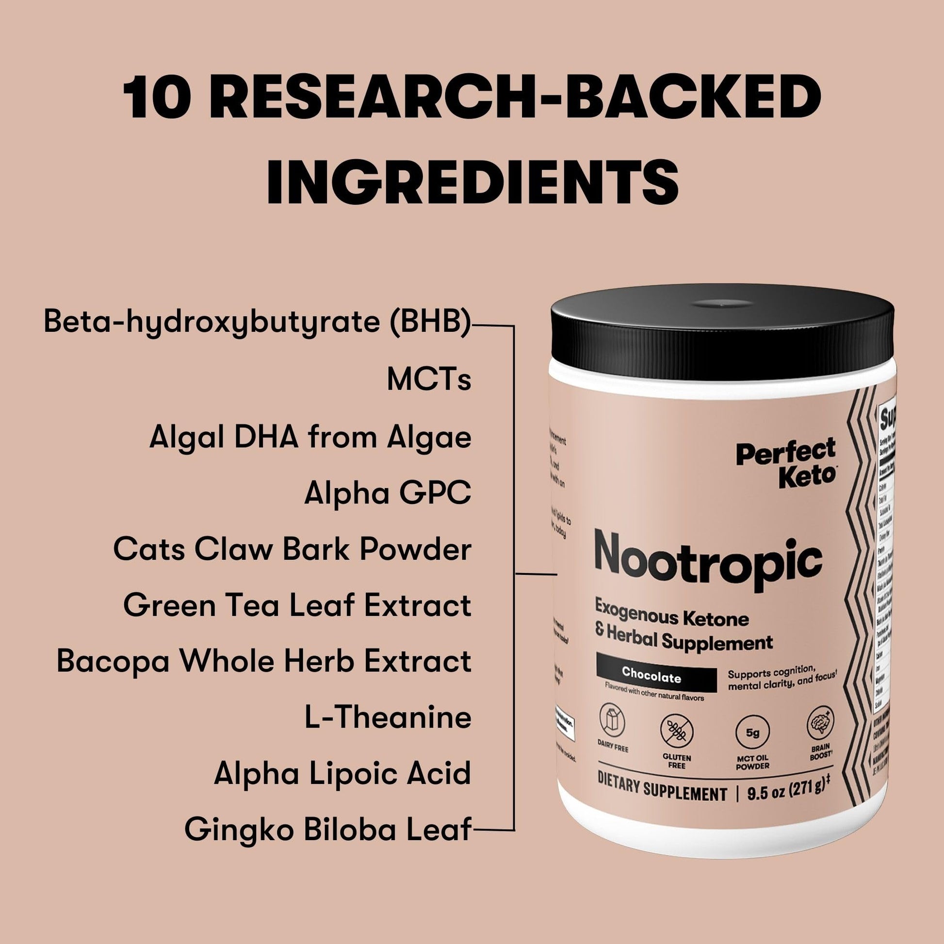 Perfect Keto Nootropic Brain Support, Caffeine Free Focus and Energy Supplement with Alpha Lipoic Acid, L Theanine, Ginkgo Biloba, Alpha GPC, MCT's, Collagen, Ketones, Chocolate Drink Mix, 15 Servings Perfect Keto buy supplements canada