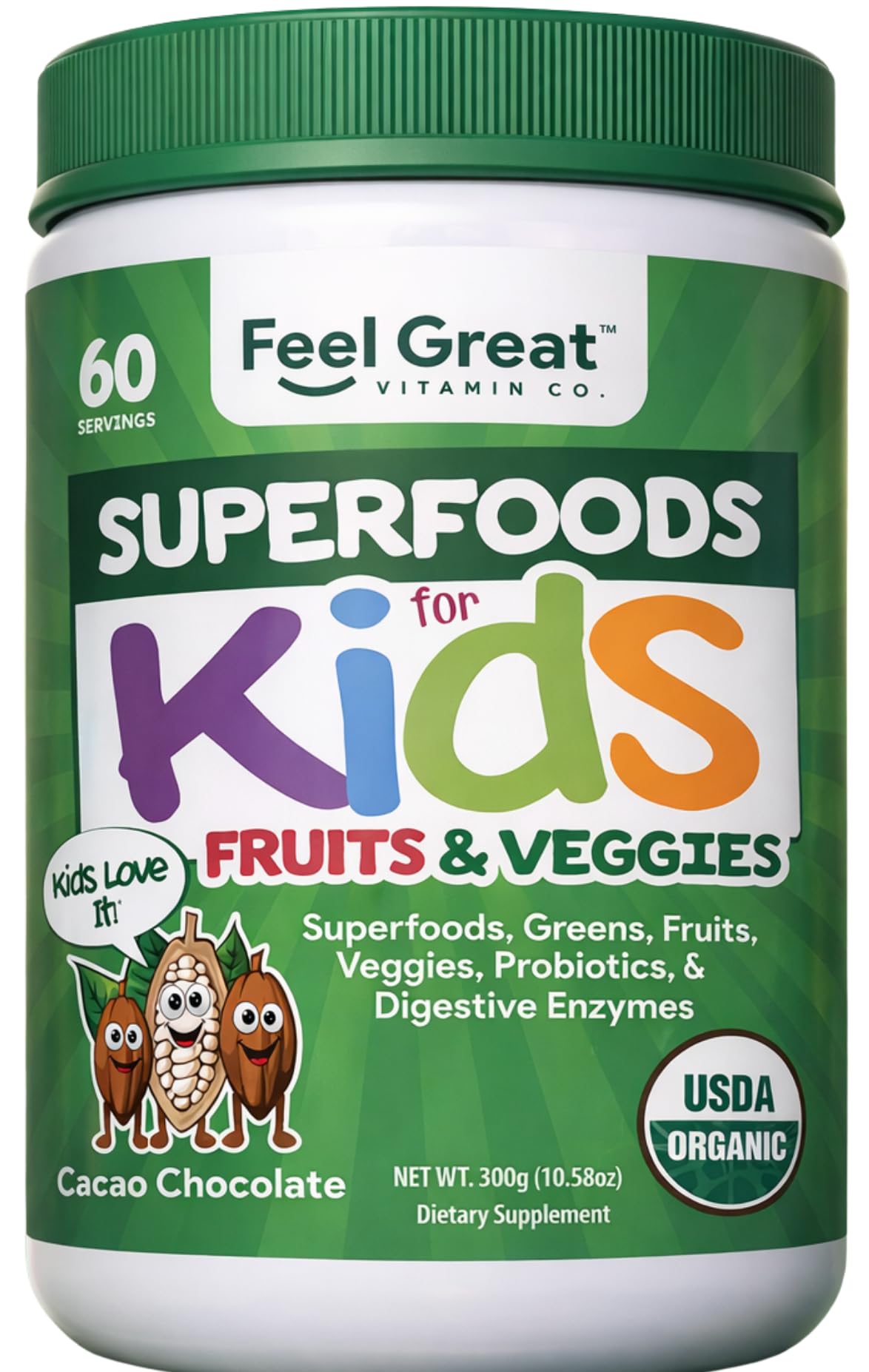 Feel Great USDA Organic Super Greens Powder for Kids - Cocao Chocolate | Fruit & Veggie Supplement | Superfood Powder with Probiotics & Digestive Enzymes for Digestive Health | 60 Days Supply The Feel Great Vitamin Company buy supplements canada