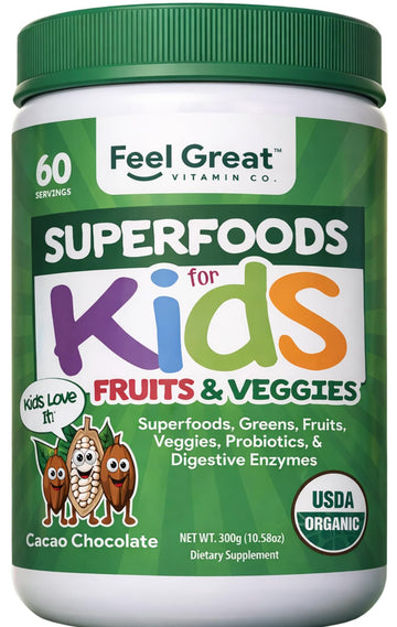 Feel Great USDA Organic Super Greens Powder for Kids - Cocao Chocolate | Fruit & Veggie Supplement | Superfood Powder with Probiotics & Digestive Enzymes for Digestive Health | 60 Days Supply The Feel Great Vitamin Company buy supplements canada