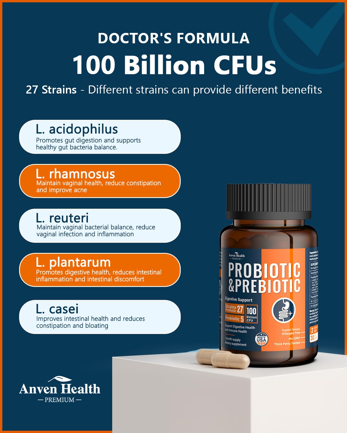 Anven Health 100 Billion Probiotics for Men and Women 27 Strains 5 Organic Prebiotics for Gut Digestive & Immune Health, Supports Diarrhea Gas Bloating, Non-GMO, Zero Fillers – Made in USA丨180 Caps Anven Health buy supplements canada