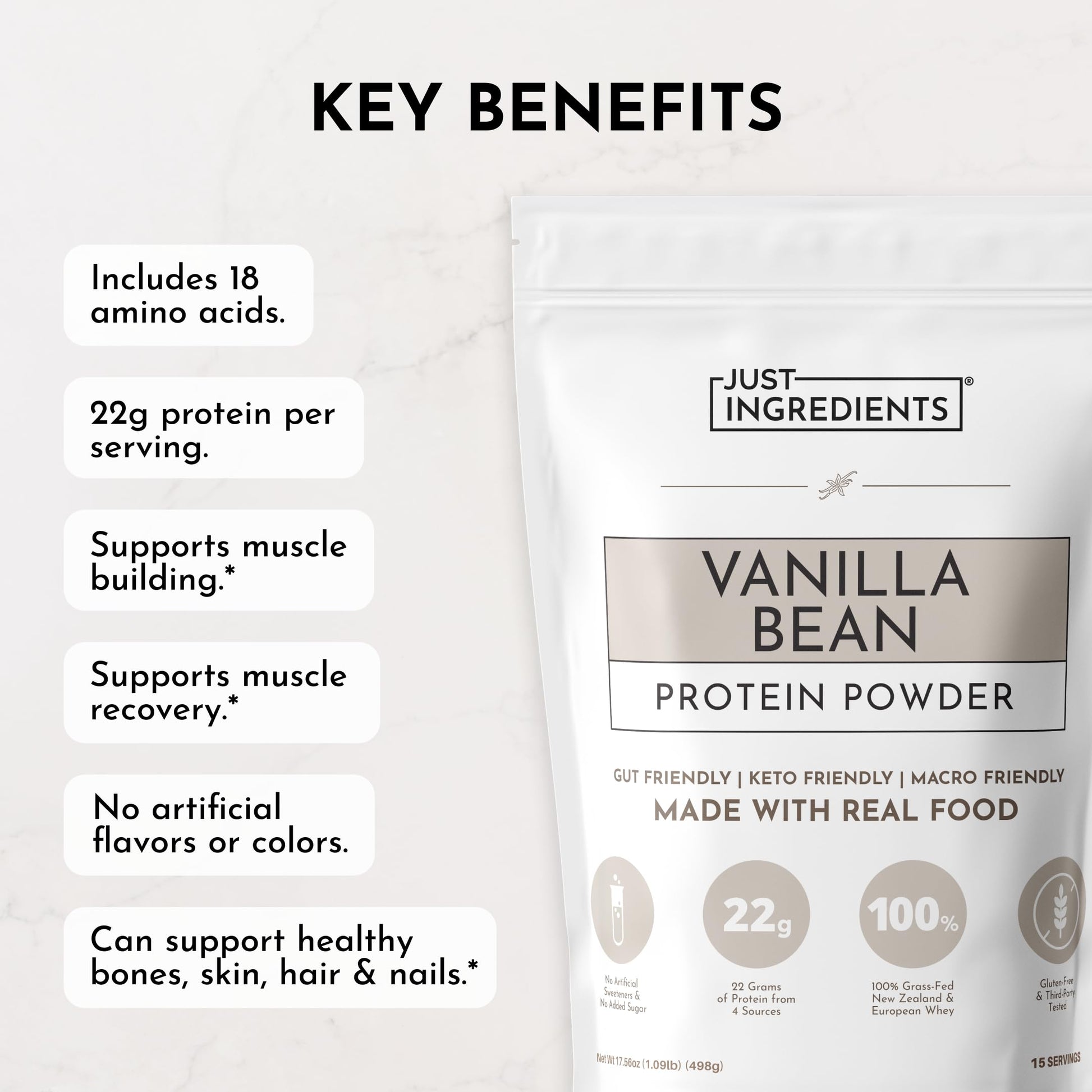 JUST INGREDIENTS Vanilla Protein Powder - Grass-Fed Whey Blend, Organic, Gluten Free, Dairy Free, Soy Free - 15 Servings, 22g Protein JUST INGREDIENTS buy supplements canada
