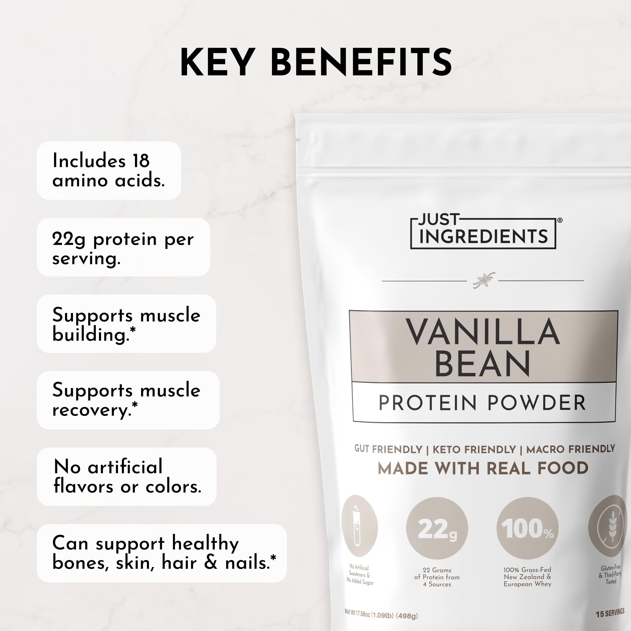 JUST INGREDIENTS Vanilla Protein Powder - Grass-Fed Whey Blend, Organic, Gluten Free, Dairy Free, Soy Free - 15 Servings, 22g Protein JUST INGREDIENTS buy supplements canada