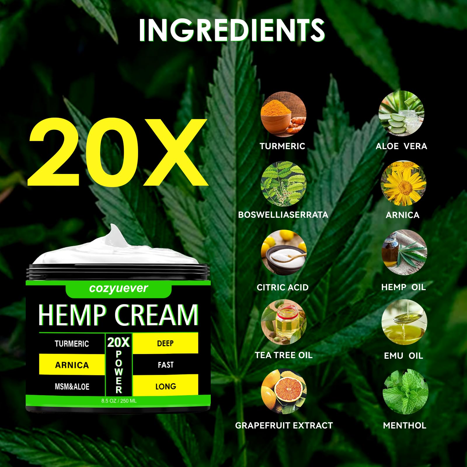 cozyuever 8.5 Oz Hemp Cream with Arnica, Menthol, Aloe, Emu Oil, Turmeric cozyuever buy supplements canada
