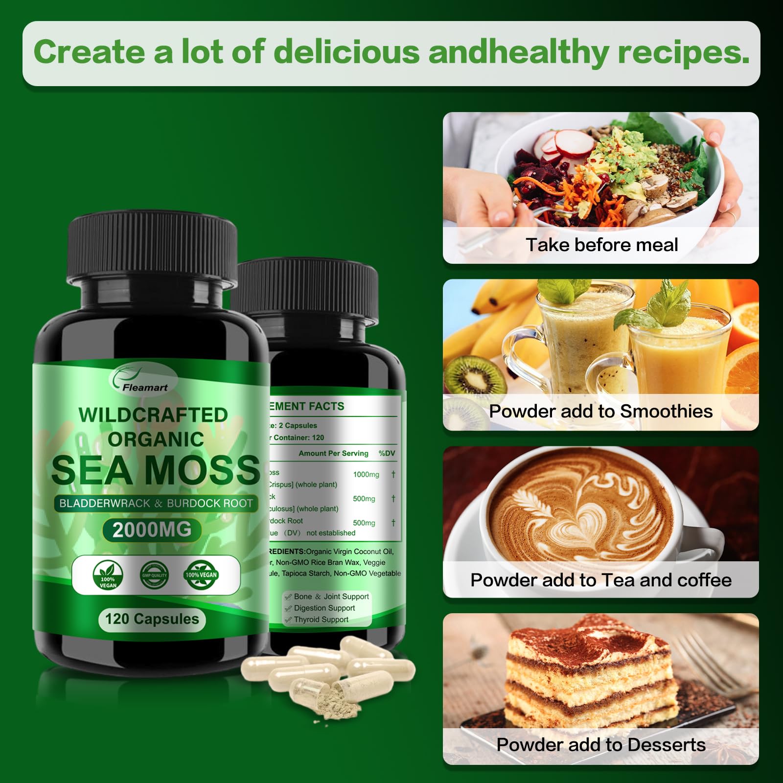 Fleamart Irish Sea Moss Capsules 120ct Raw Organic Sea Moss Wildcrafted Bladderwrack Fleamart buy supplements canada