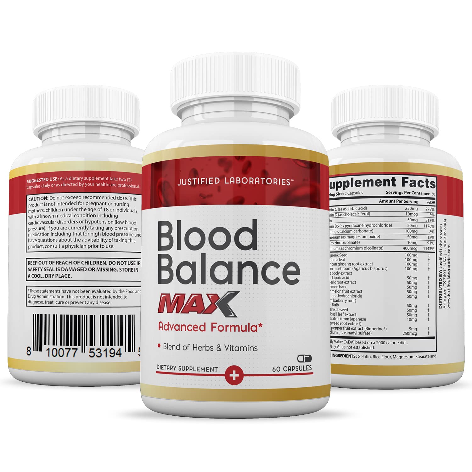 Justified Laboratories (3 Pack Blood Balance Max 1295MG Formula Supplement Pills Justified Laboratories buy supplements canada