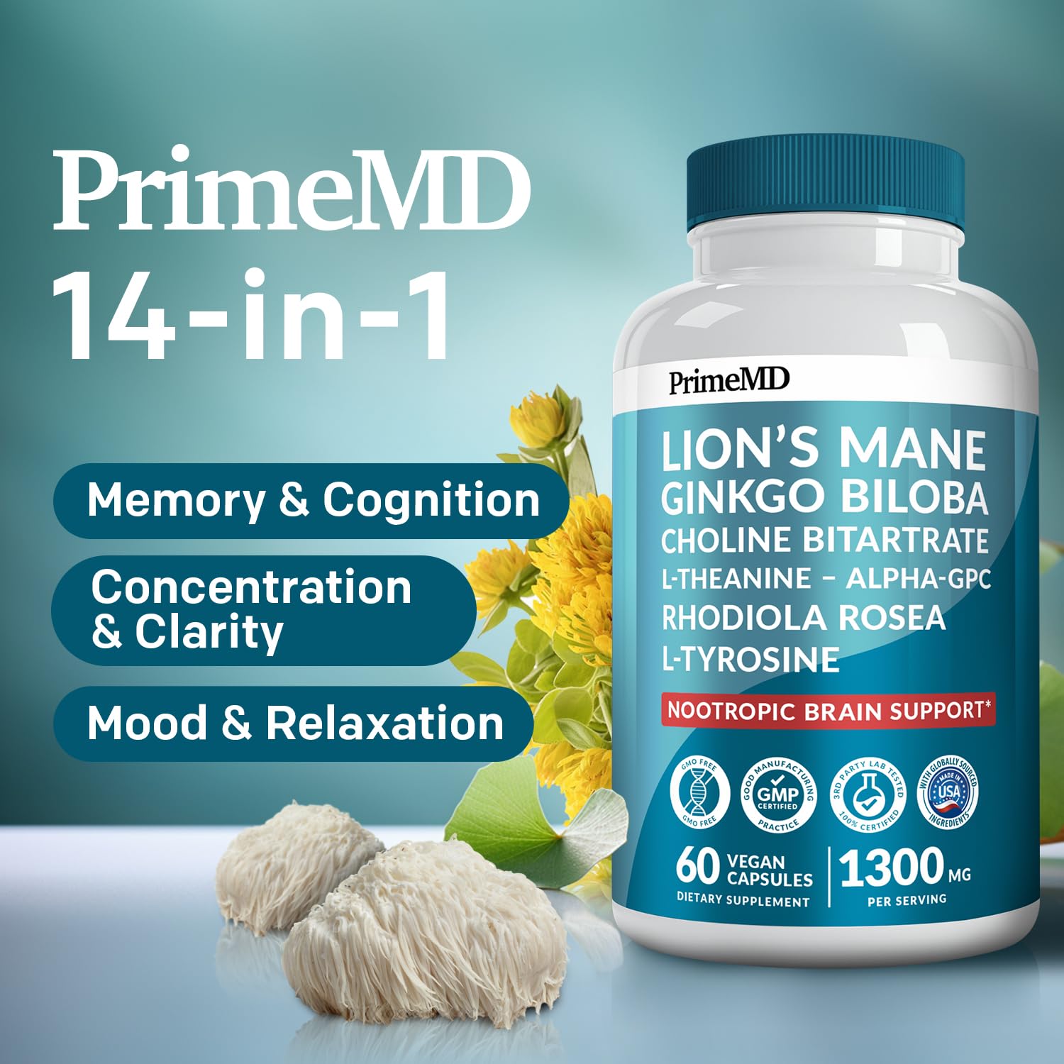 14-in-1 Lions Mane Supplement Capsules - Nootropic Brain Supplement with Ginkgo Biloba for Brain Support, Memory and Focus - Alpha GPC, L Theanine & Choline Supplements with 1300mg Per Serving (60 ct) PrimeMD buy supplements canada