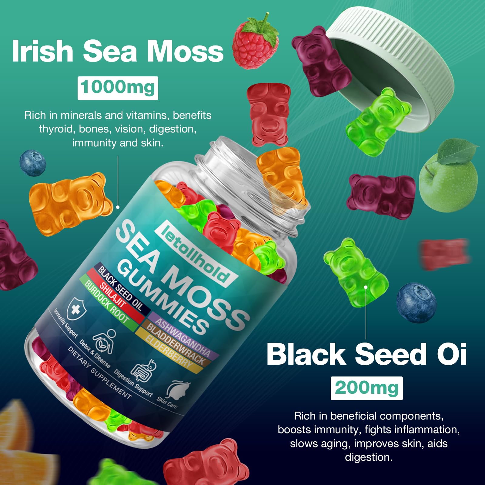 Sea Moss Gummies - Irish Sea Moss Gummies Advanced for Adults with Ashwagandha Bladderwrack & Burdock Root for Supports Immune，Energy - 60 Vegan Gummy,2PCS letollhold buy supplements canada