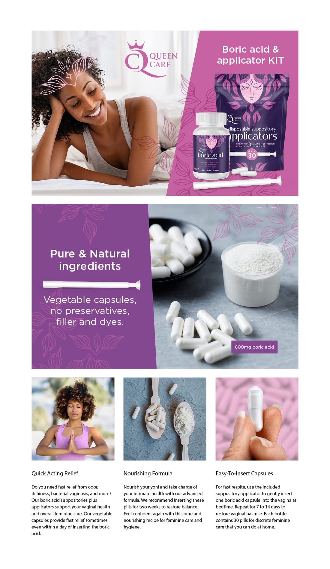 Queen Care - Boric Acid Suppositories & Applicators, Complete Feminine Care, PH Balance for Women Queen Care buy supplements canada