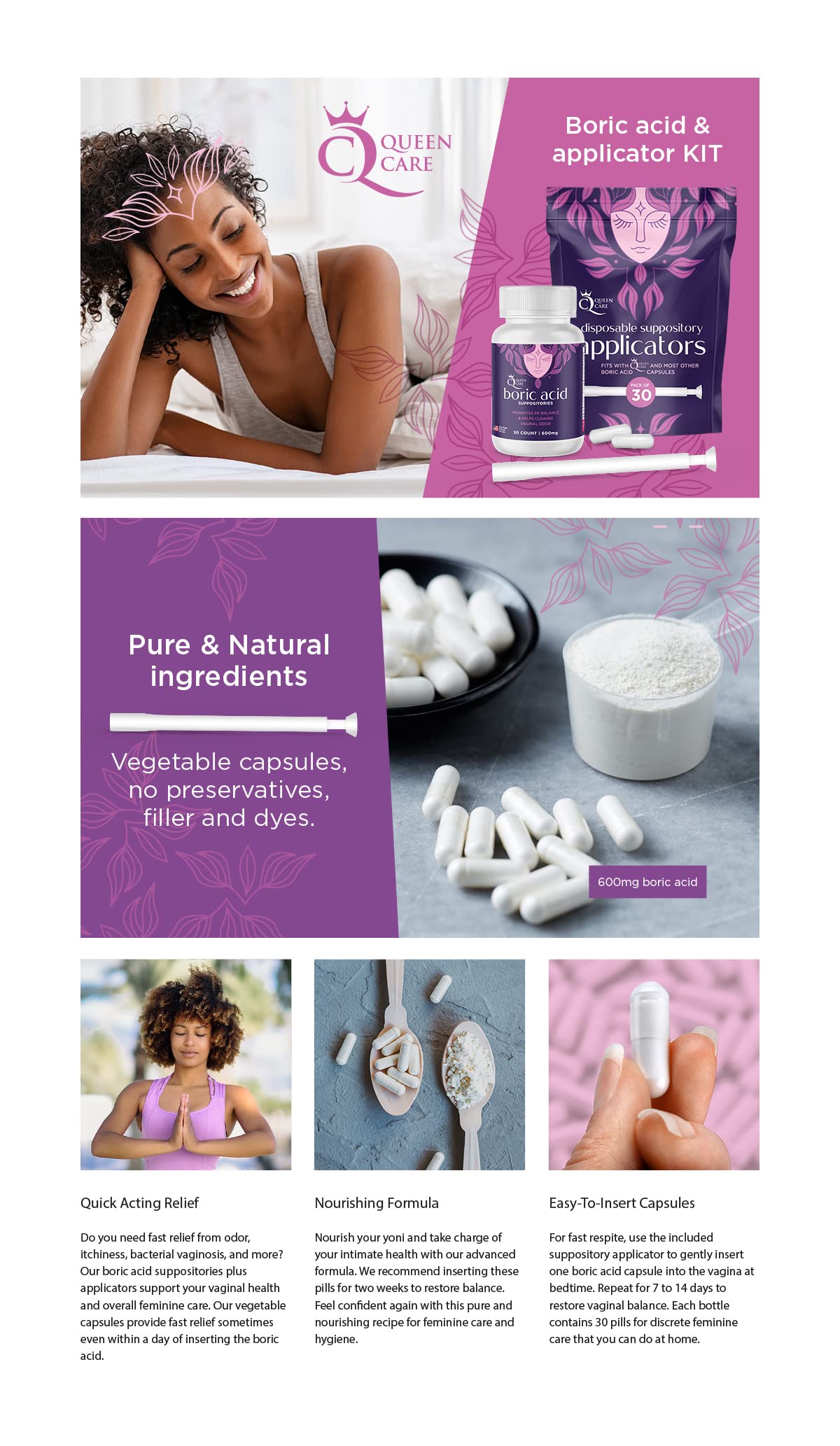 Queen Care - Boric Acid Suppositories & Applicators, Complete Feminine Care, PH Balance for Women Queen Care buy supplements canada
