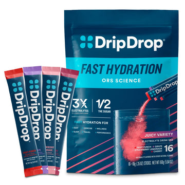 DripDrop Hydration Packets - Juicy Variety Pack - Single Serve Electrolytes Powder Drink Mix - Grape, Fruit Punch, Strawberry Lemonade, Cherry DripDrop buy supplements canada