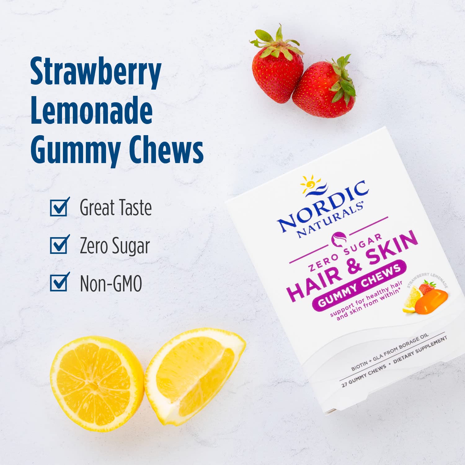 Nordic Naturals Zero Sugar Hair & Skin Gummy Chews, Strawberry Lemonade - 27 Gummy Chews - Biotin + GLA from Borage Oil - Promotes Healthy Balance of Fats in Skin - Non-GMO - 27 Servings Nordic Naturals buy supplements canada
