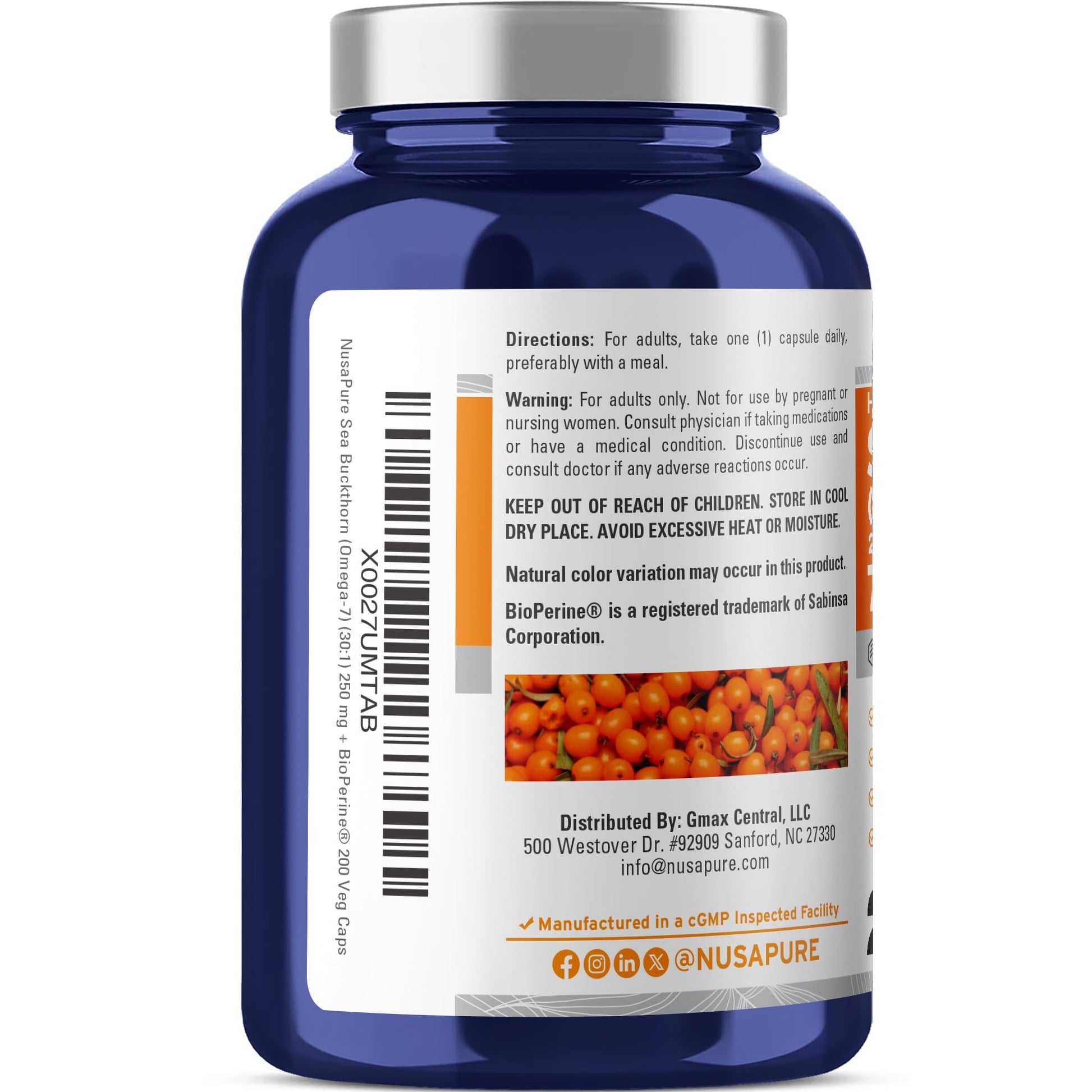 NusaPure Sea Buckthorn Omega-7 30:1 Extract, 250 mg Equivalent to 7,500mg per Veggie Caps - 200 Capsules - Non-GMO & Vegan NusaPure buy supplements canada