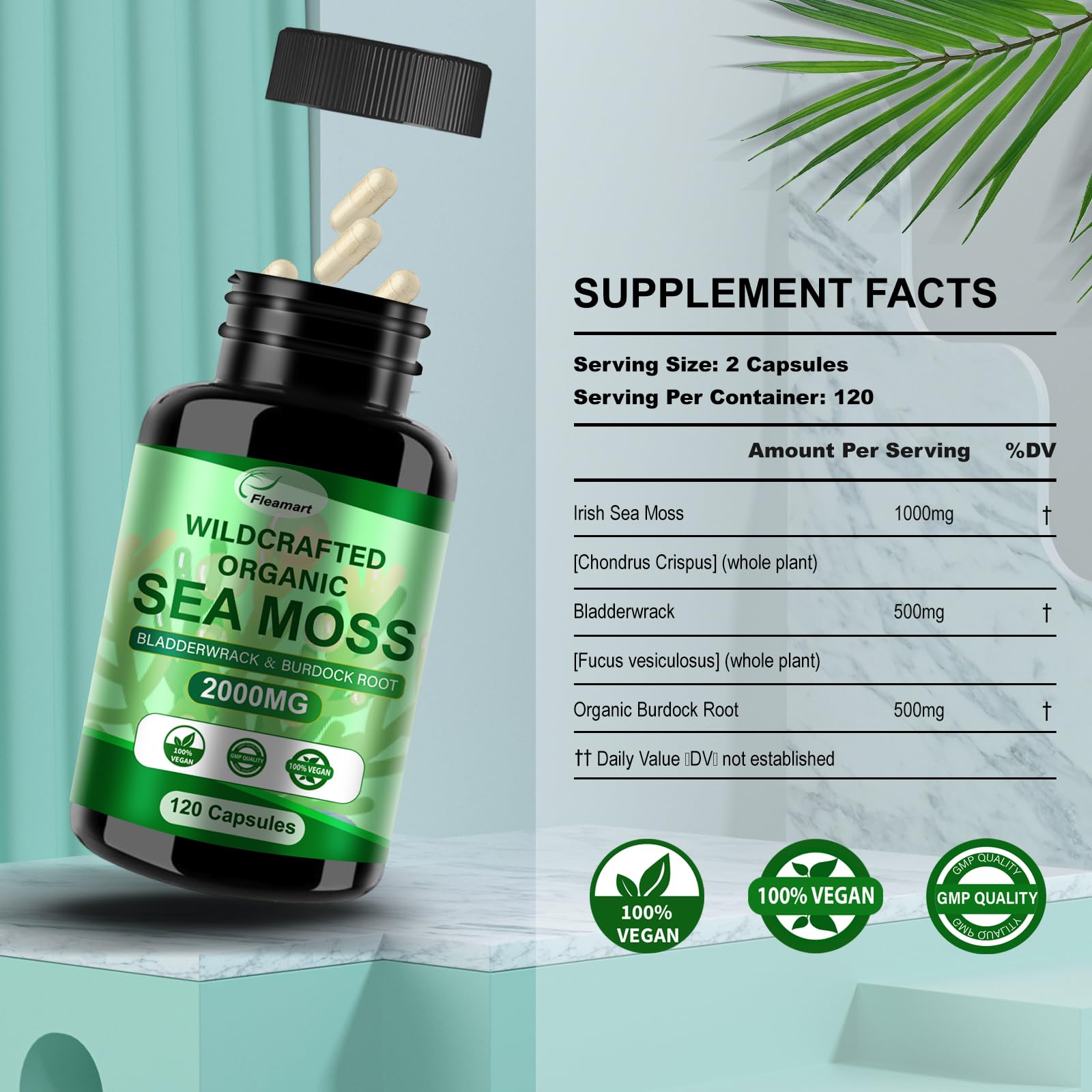 Fleamart Irish Sea Moss Capsules 120ct Raw Organic Sea Moss Wildcrafted Bladderwrack Fleamart buy supplements canada
