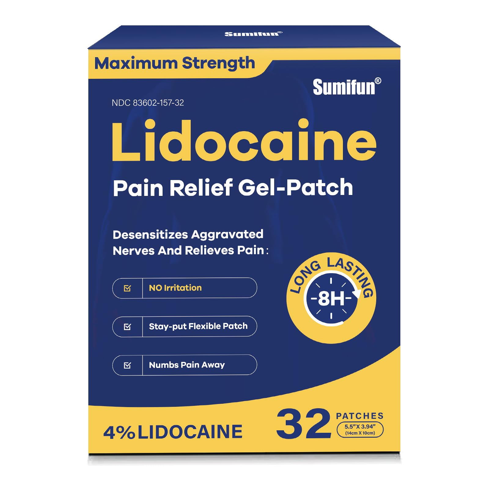 Sumifun 4% Lidocaine Patches Maximum Strength- Pain Relieving Gel Patch for Back, Shoulder, Muscle, Knee Pain Relief,Neck & Joint Pains-Numbs Away Pain, Apply for Up to 8 Hours (Large, Count, 32) Sumifun buy supplements canada