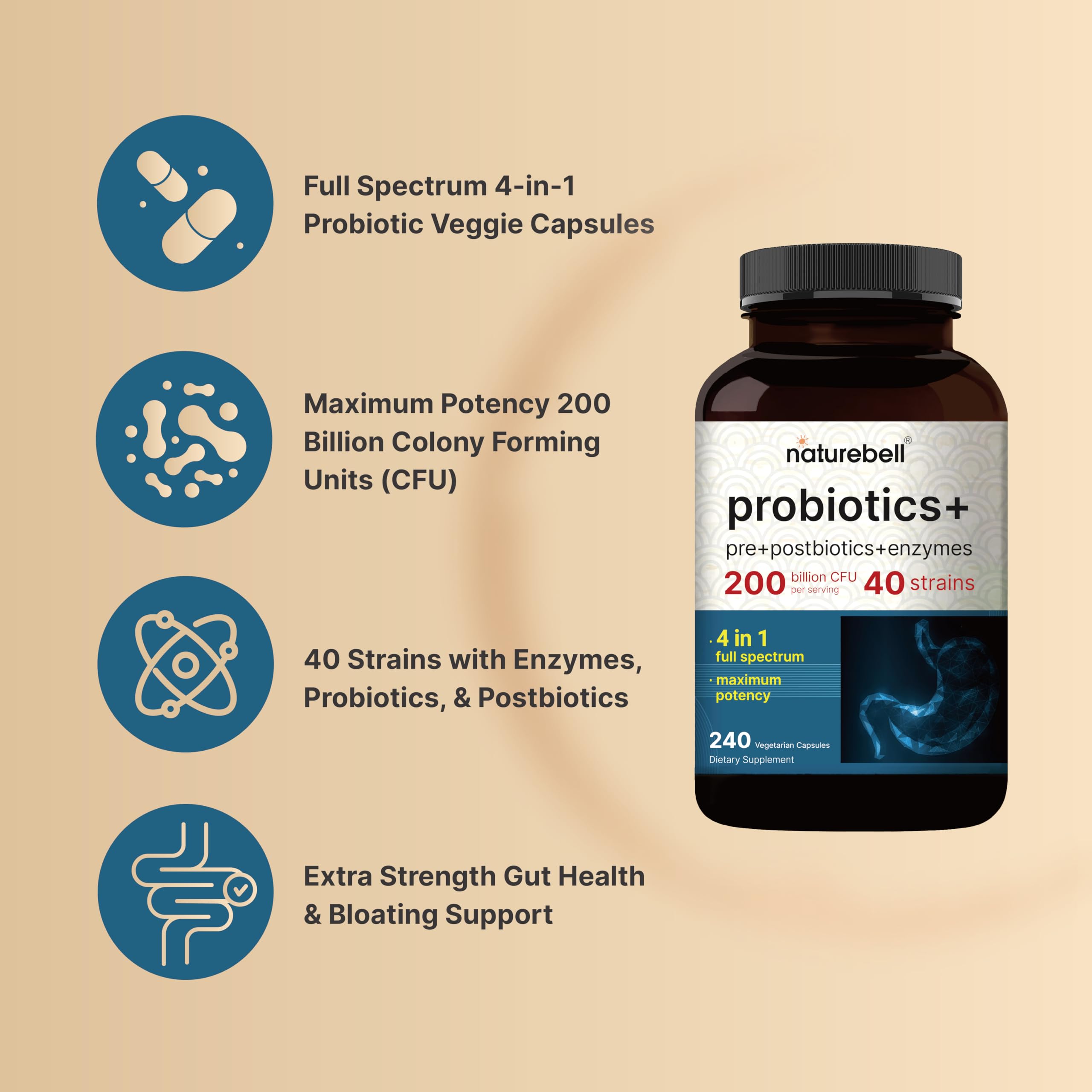 NatureBell Probiotic 200 Billion CFU – 40 Strains Per Serving | 240 Veggie Capsules with Prebiotics and Probiotics – Full Spectrum Complex with Enzymes – Daily Probiotics for Women & Men NatureBell buy supplements canada