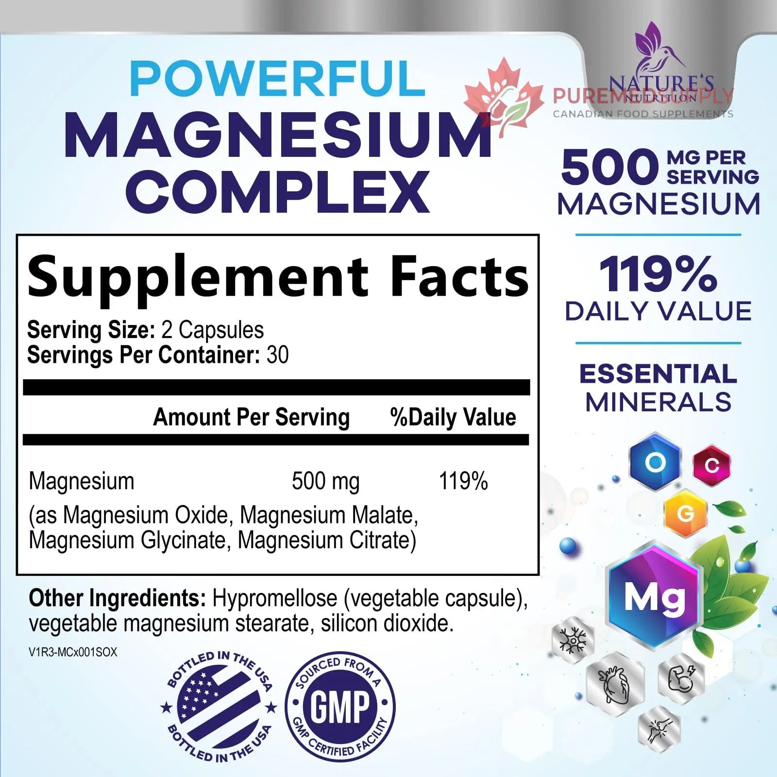 Magnesium Complex Supplement - Magnesium 500 mg Per Serving - 4 in 1 High Absorption Blend - 100% Chelated Magnesium Glycinate with Malate, Citrate & Oxide - Vegan Complex - USA Bottled - 60 Capsules Nature's Nutrition buy supplements canada