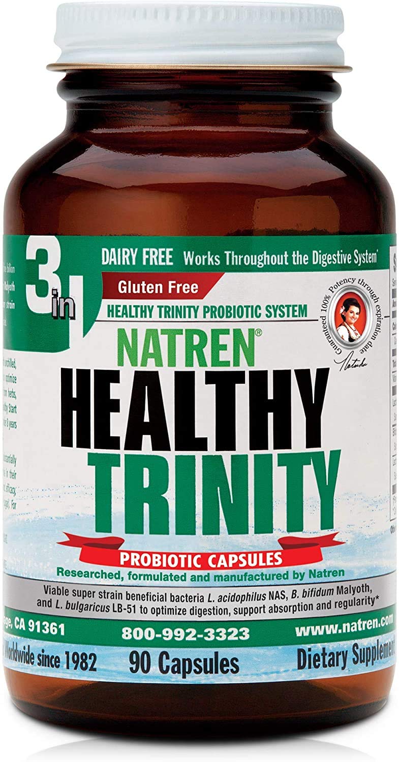 Natren Healthy Trinity Probiotics Supplement - 90 Dairy and Gluten Free Gel Capsules - Improve Gut and Digestive Health, 30 Billion CFU - Lactobacillus Acidophilus, Bifidobacterium, Bulgaricus Natren buy supplements canada