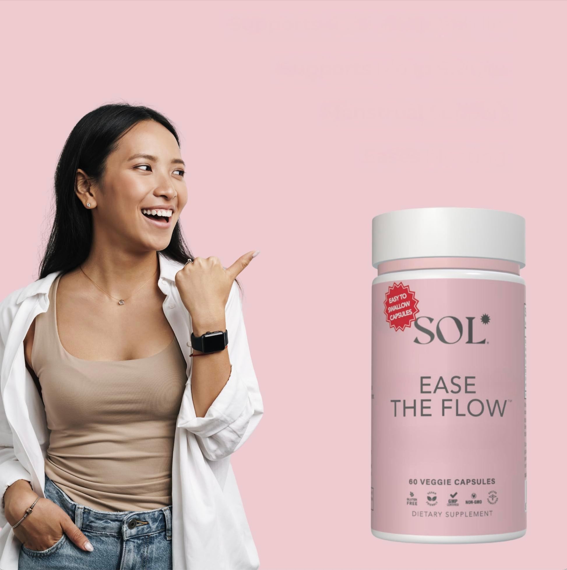 Sol Nutrition Ease the Flow - PMS Support, Menstrual Relief, PMDD Supplements, Period Relief Products, Eases Bloating & Mood Swings, Vitamins B6 & B8, 60 Easy-to-Swallow Capsules Sol Nutrition buy supplements canada