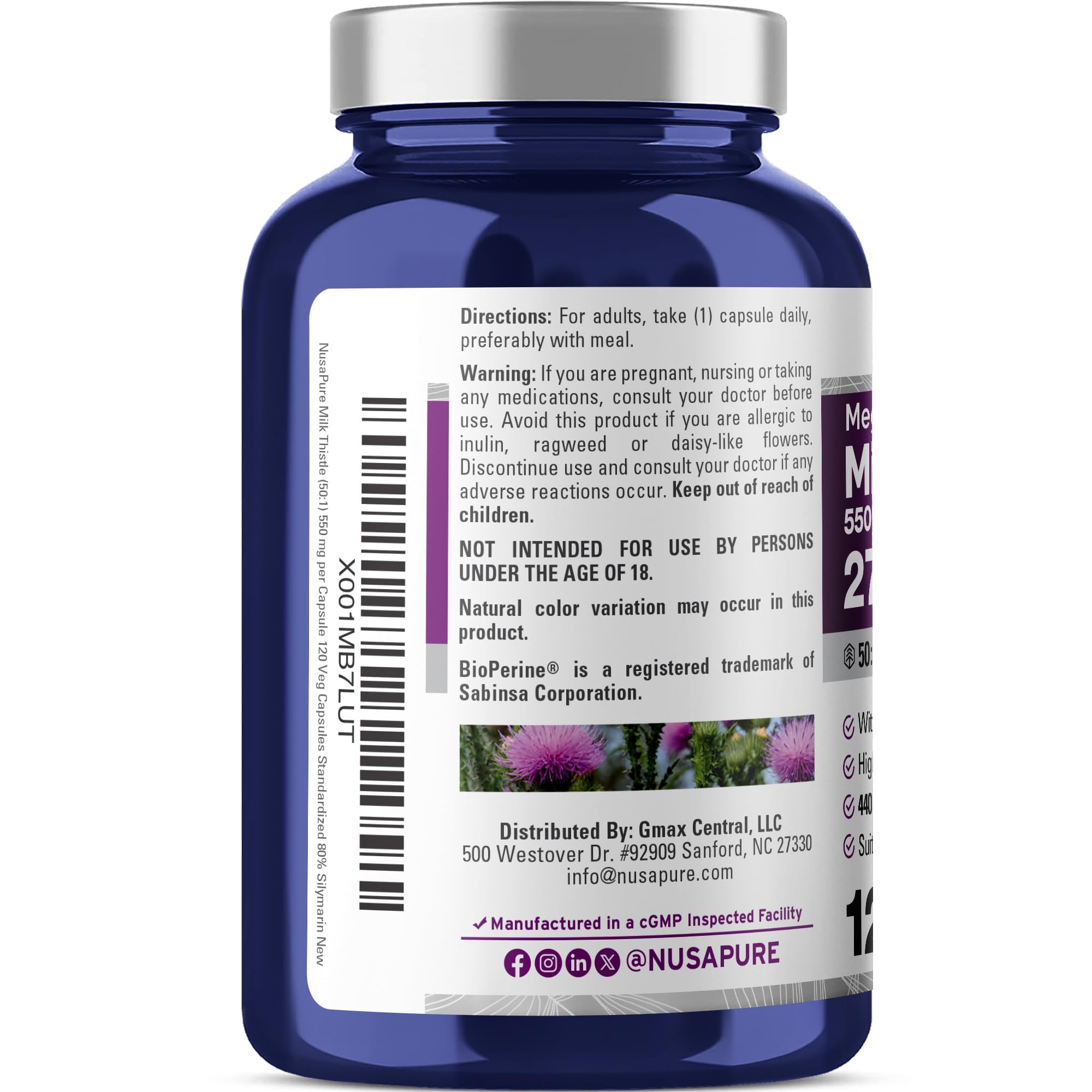 NusaPure Milk Thistle 50:1 Extract, 550 mg Equivalent to 27,500mg 120 Veggie Capsules Non-GMO, Vegan Max Strength - Standardized 80% Silymarin, Bioperine NusaPure buy supplements canada