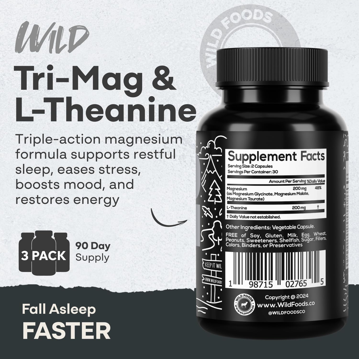 Wild Foods Tri-Mag & L-Theanine – Triple Magnesium Complex for Sleep w/L Theanine – Magnesium Glycinate, Malate, Taurate – 100% Natural – 60 Capsules Wild Foods buy supplements canada