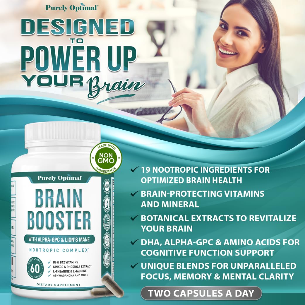 Purely Optimal Brain Booster Nootropic Supplement – Brain Support for Memory, Focus, Clarity, Jitter-Free Energy for Adults, Seniors– with Ginkgo Biloba, Alpha GPC, Lion’s Mane – 60 Capsules Purely Optimal buy supplements canada
