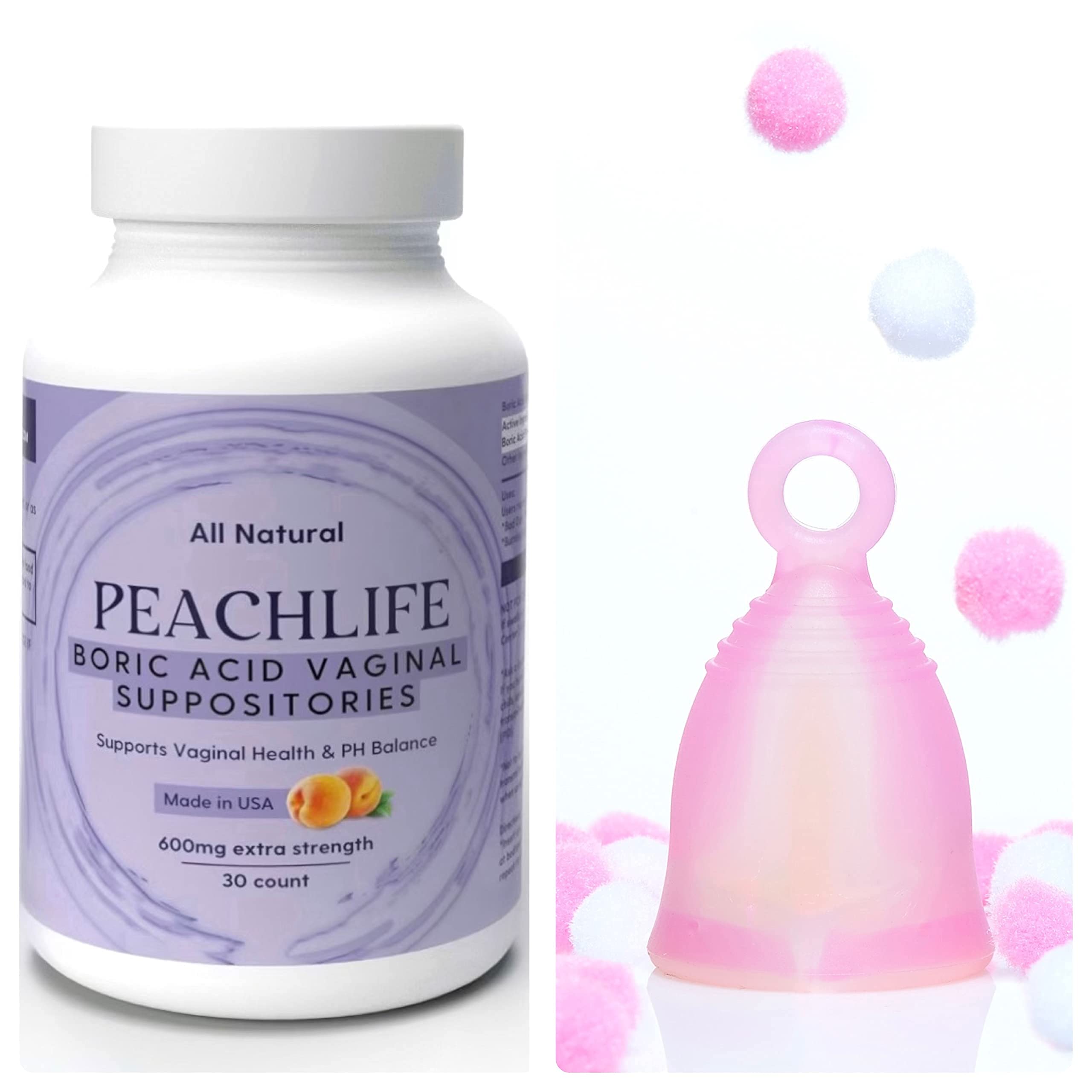 Peachlife Boric Acid Suppositories and Small Soft Menstrual Cup with Ring Pull Peachlife buy supplements canada