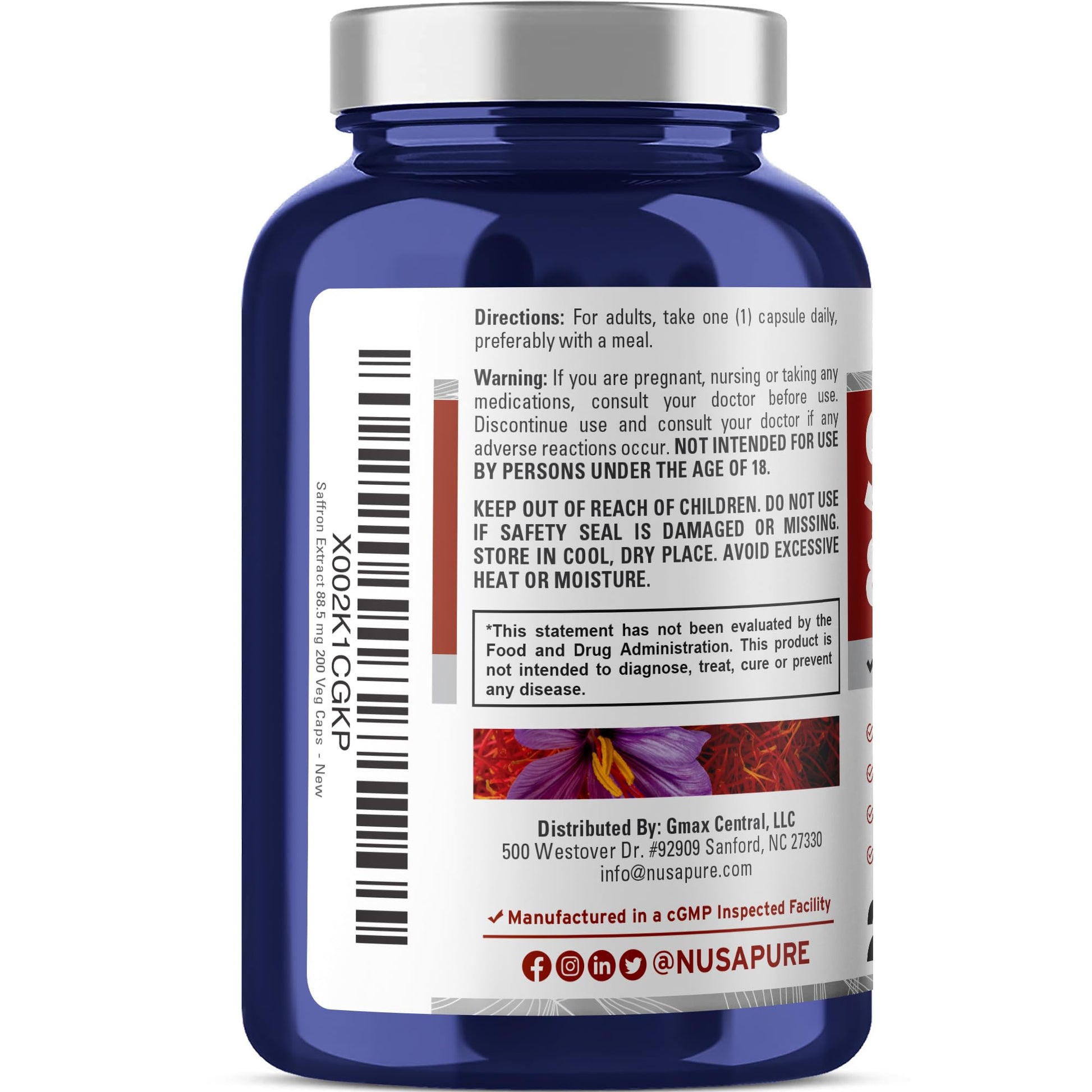 NusaPure Saffron Extract 88.5mg 200 Veggie Caps (Vegetarian, Non-GMO, Vegan) NusaPure buy supplements canada