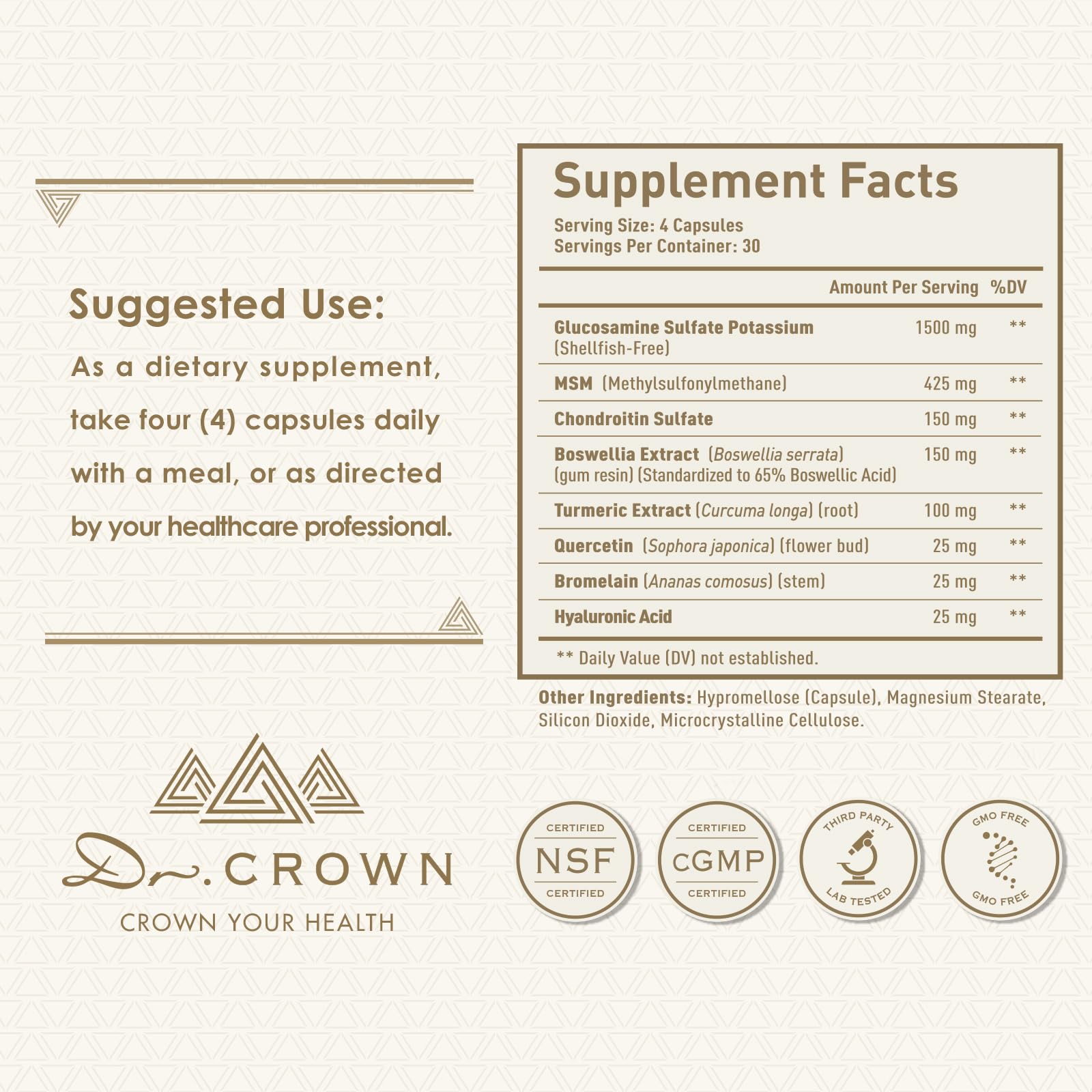 DR. CROWN Joints Health Suppplement, Glucosamine Chondroitin MSM - Joint Support Supplement for Women and Men with Turmeric, MSM &Boswellia, for Cartilage, Joint Health and Flexibility - 120 Capsules DR. CROWN buy supplements canada