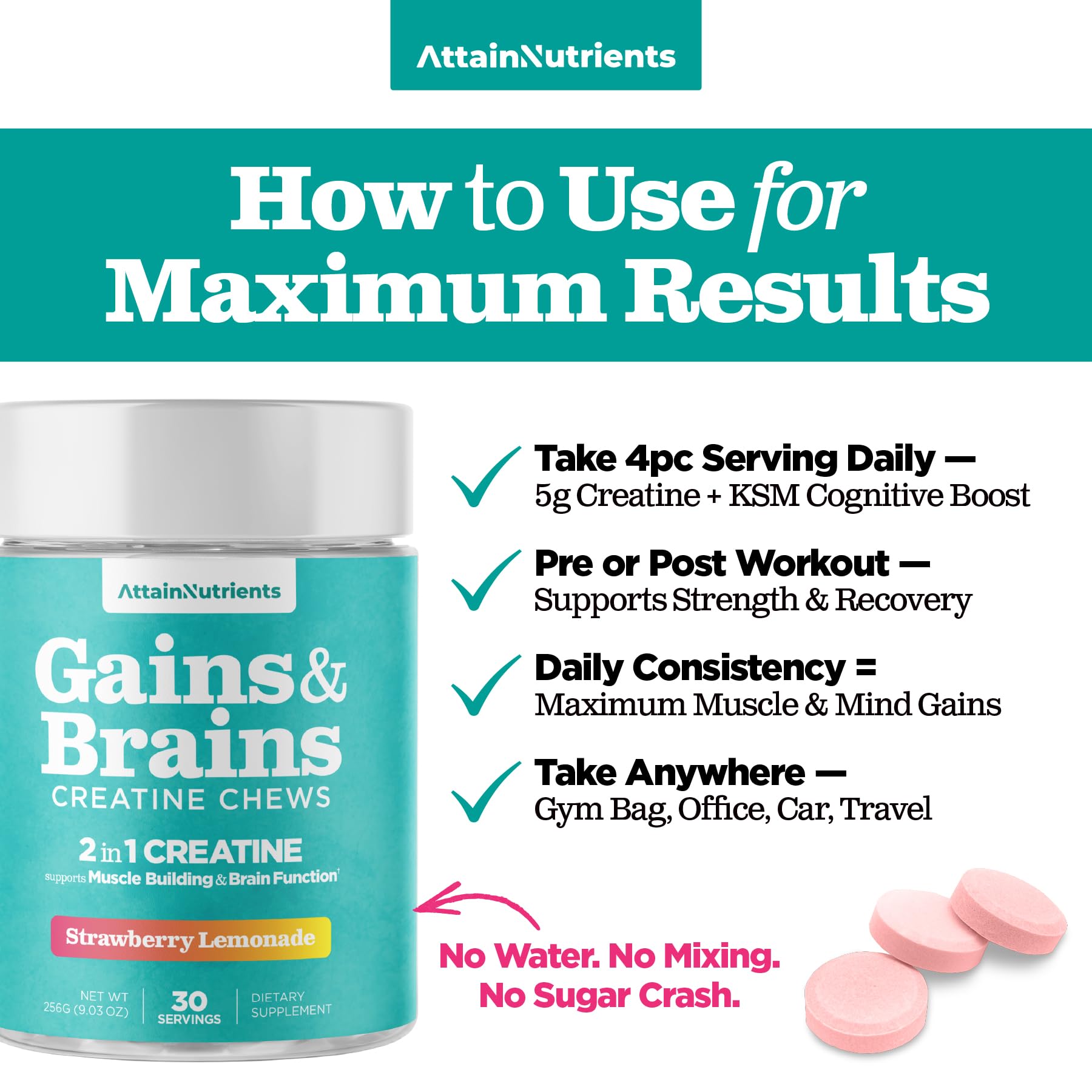 Creatine Chews - 5000mg Creatine Monohydrate Tablets for Men & Women with Ashwagandha KSM-66 - Low Sugar Muscle Support & Cognitive Boost - Gummy Alternative - 120 Count (Strawberry Lemonade) Attain Nutrients buy supplements canada