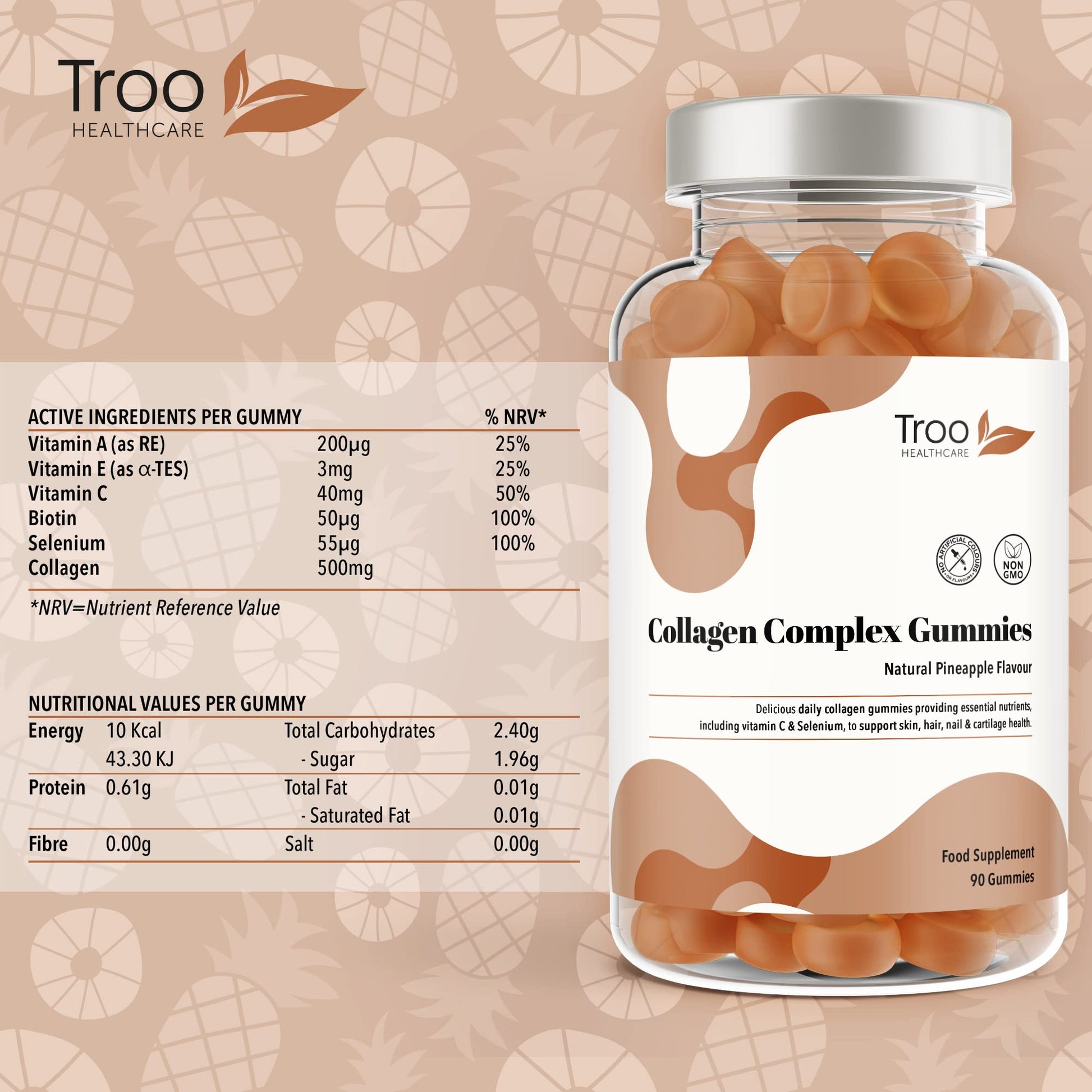 Hydrolysed Collagen Complex - 90 Natural Pineapple Flavour Chewable Gummies - One Per Day with Biotin, Vitamin C and Selenium Troo Health Care buy supplements canada