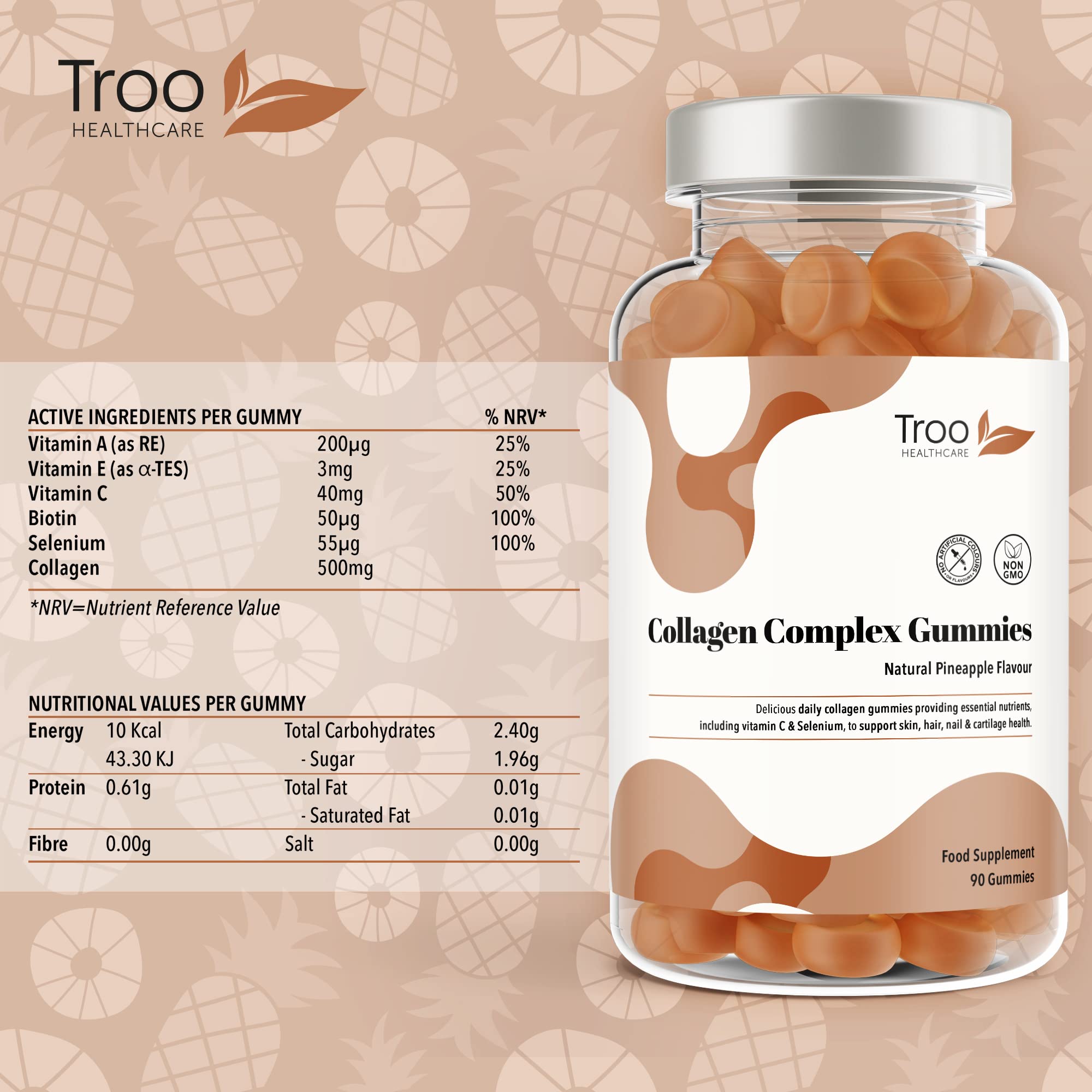 Hydrolysed Collagen Complex - 90 Natural Pineapple Flavour Chewable Gummies - One Per Day with Biotin, Vitamin C and Selenium Troo Health Care buy supplements canada