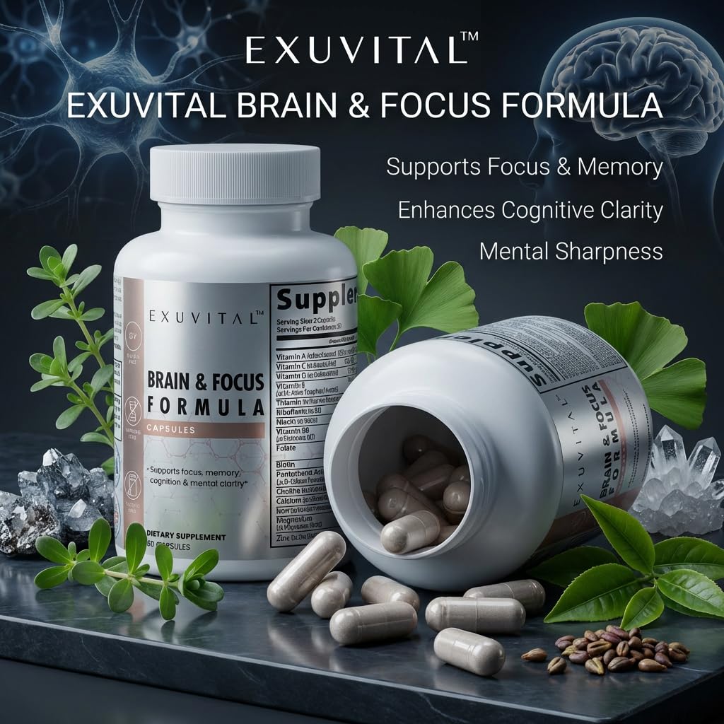 EXUVITAL Brain & Focus Formula, Veggie Capsules, 60 Count, Nootropic Supplement with Vitamins, Minerals and Proprietary Blend for Clarity, Memory, Cognition and Mental Focus EXUVITAL buy supplements canada