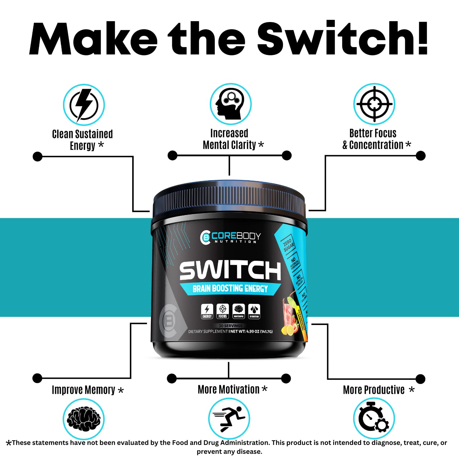Switch, Brain Boosting Nootropic Energy Supplement Powder - Made in USA - Alpha GPC, NALT, Ashwagandha, Sugar Free Energy, Keto, Increase Mental Focus & Cognitive Function, Enhances Mood & Memory CoreBody Nutrition buy supplements canada