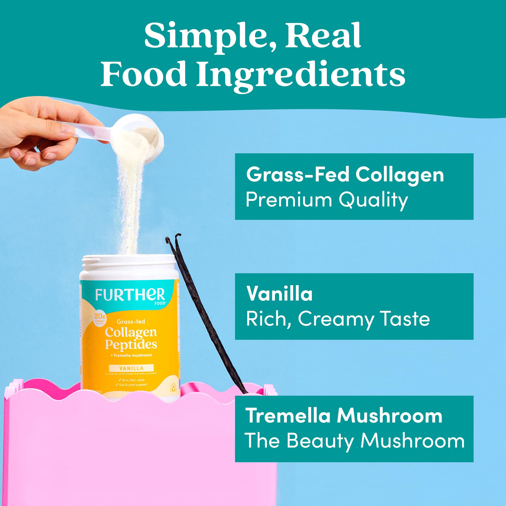 Further Food Vanilla Collagen Peptides Powder with Tremella Mushroom – 100% Grass-Fed, Hydrolyzed Type 1 & 3, 20g of Collagen per Serving, Supports Skin, Hair, Nails & Joints, 22.22 Oz Further Food buy supplements canada