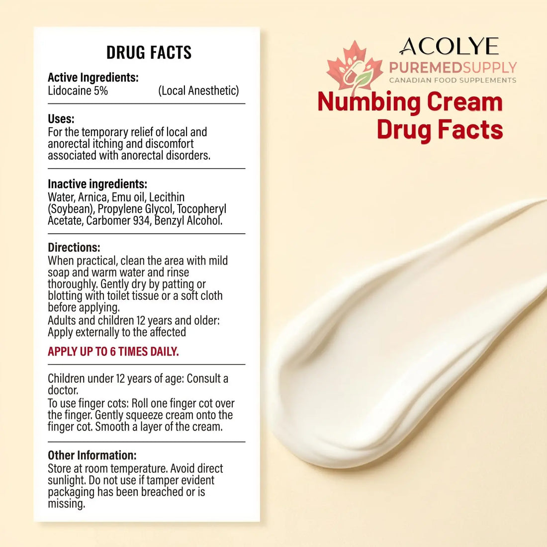 Acolye Numbing Cream Maximum Strength : 5% Lidocaine Topical Anesthetic - Extra Strength 5X Numbing with Menthol Arnica and Emu Oi (2 Fl Oz, Mint Flavor) Acolye buy supplements canada