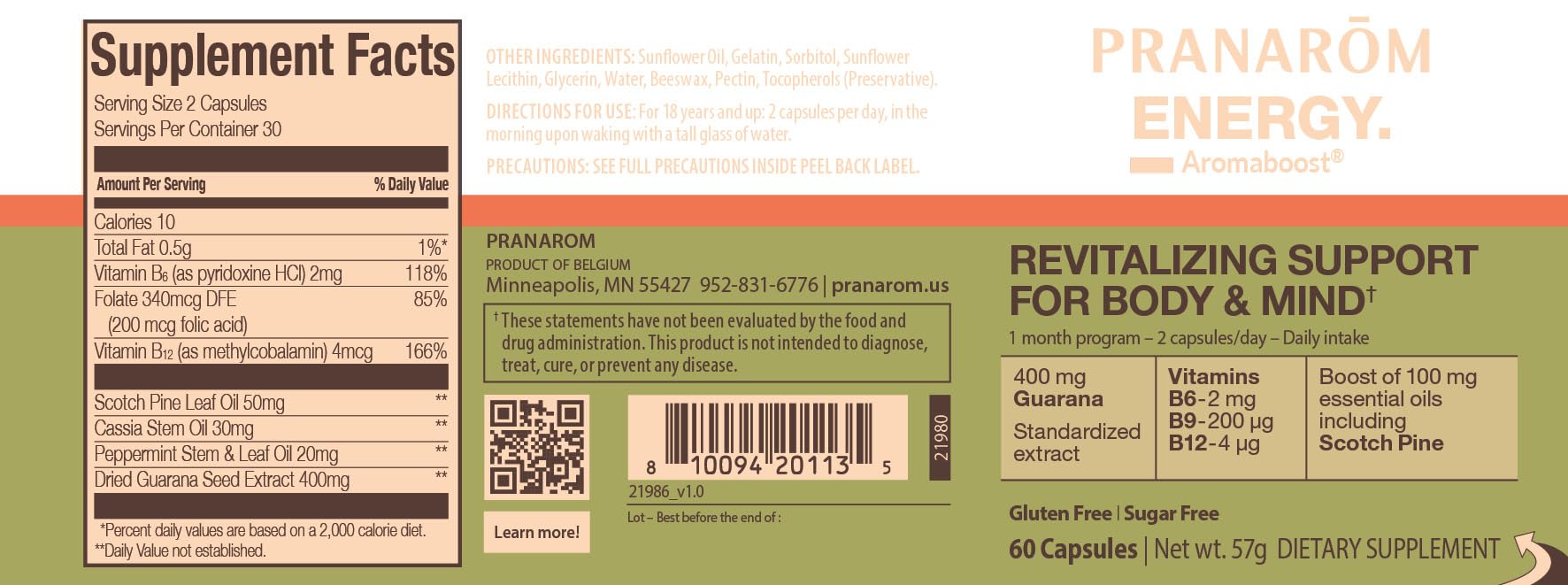 Pranarom - Aromaboost Energy Herbal Supplement - for Physical and Mental Fatigue - Guarana - Vitamins B6 B9 B12 - Pure Scots Pine Essential Oil - 60 Count Pranarom buy supplements canada