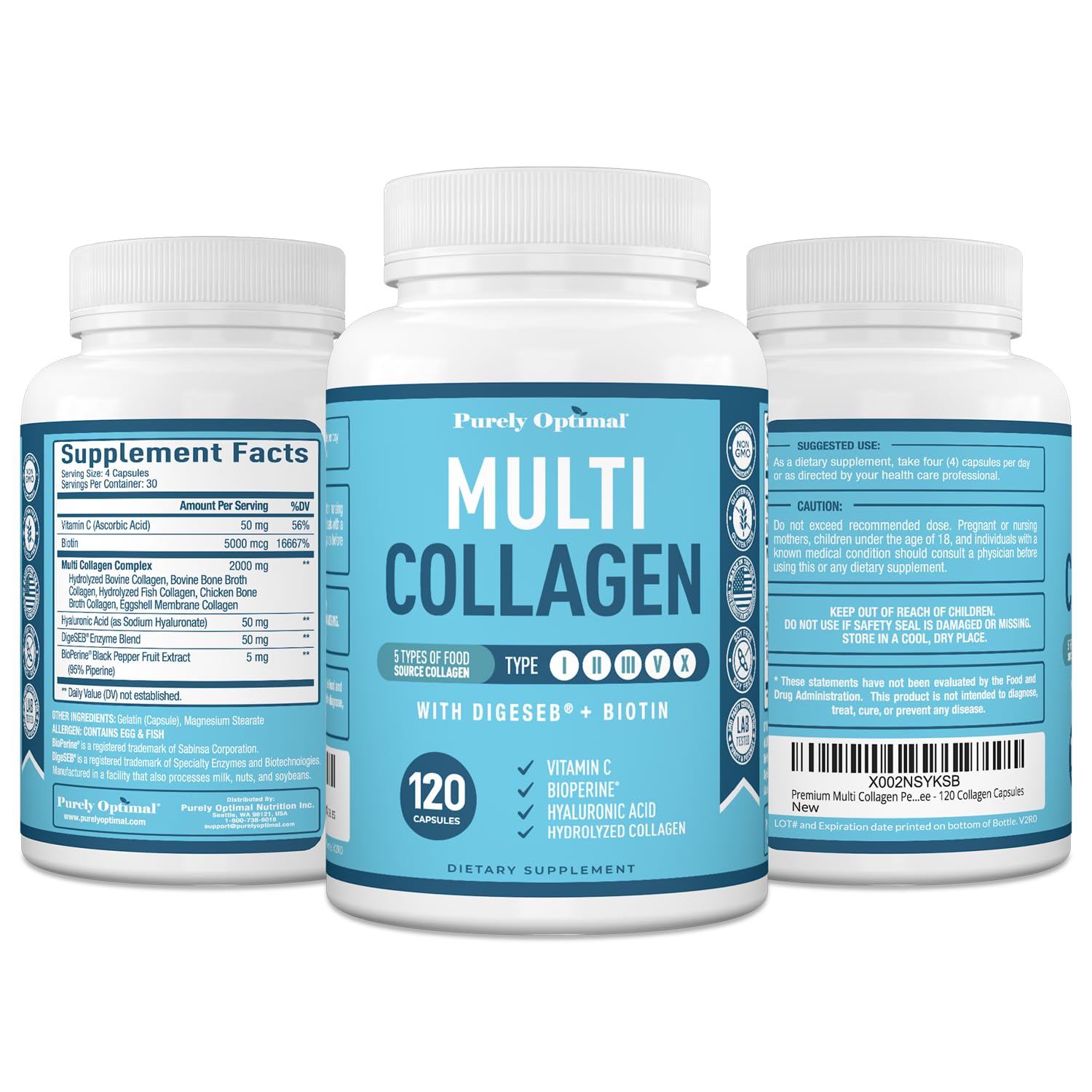 Premium Multi Collagen Peptides (Types I, II, II, V, X) - Collagen Pills for Skin Care, Hair Growth, Nails & Joints - Vitamin C, Hyaluronic Acid Purely Optimal buy supplements canada