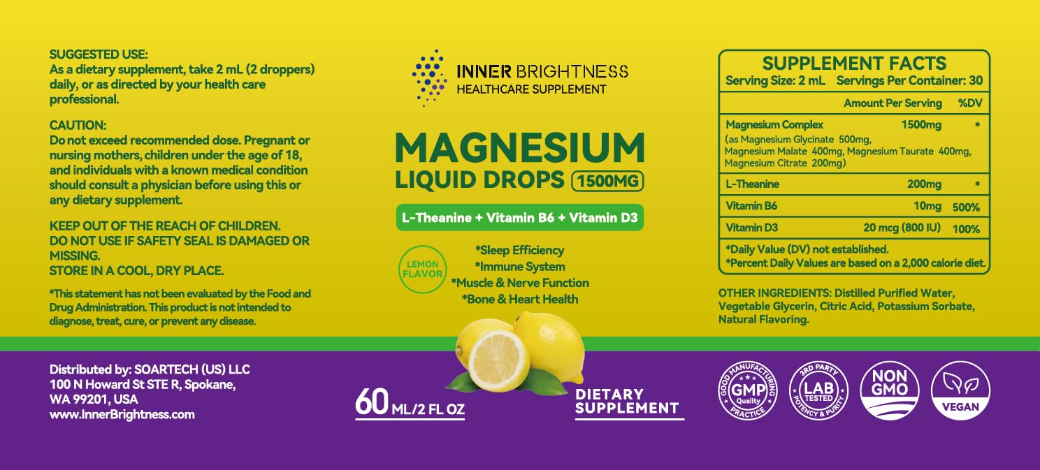 Magnesium Glycinate Liquid Drops 1500mg with Magnesium Citrate & Taurate, L-Theanine, Vitamin D3, B6 - Supports Calm, Sleep, Muscle Relaxation, Leg Cramps & Energy, Lemon Flavor, 60 mL Inner Brightness buy supplements canada